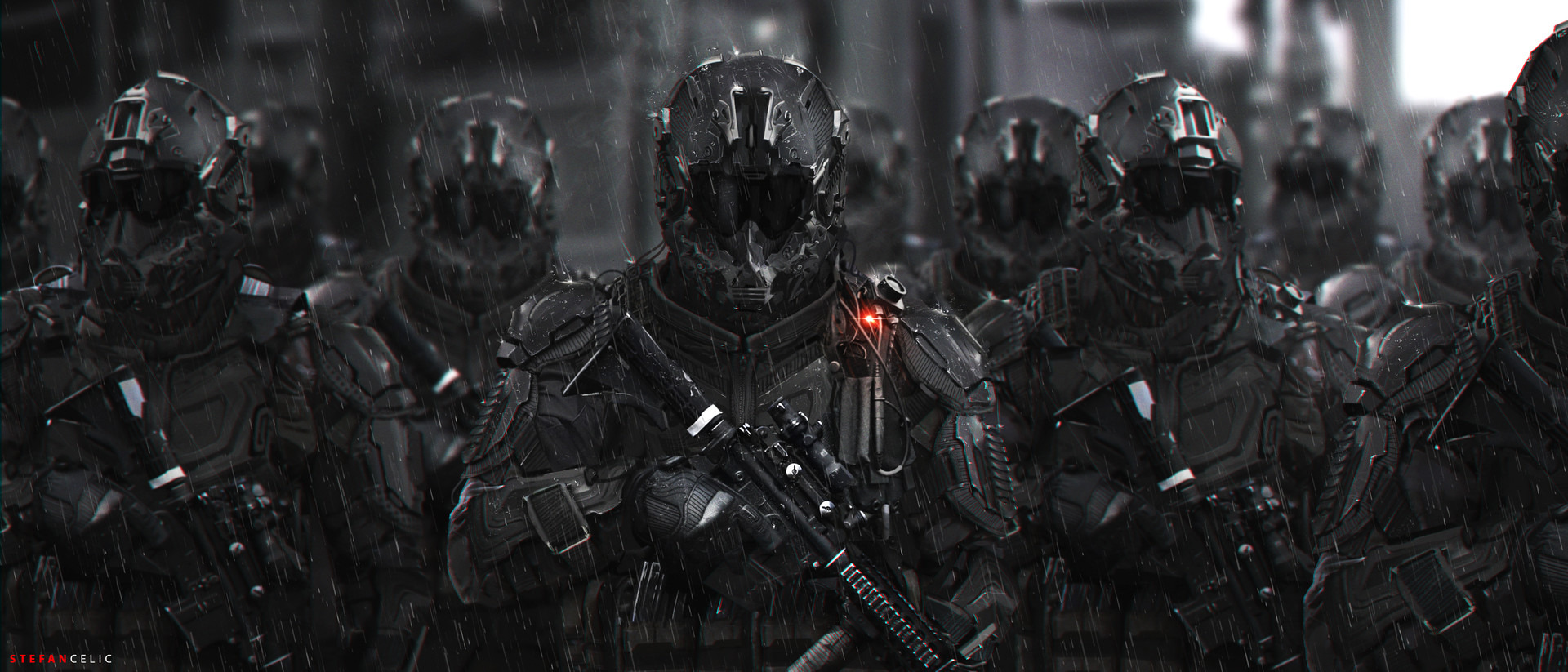 Digital Art Science Fiction Soldier Weapon Futuristic Stefan Celic Elite Frontal View 1920x823
