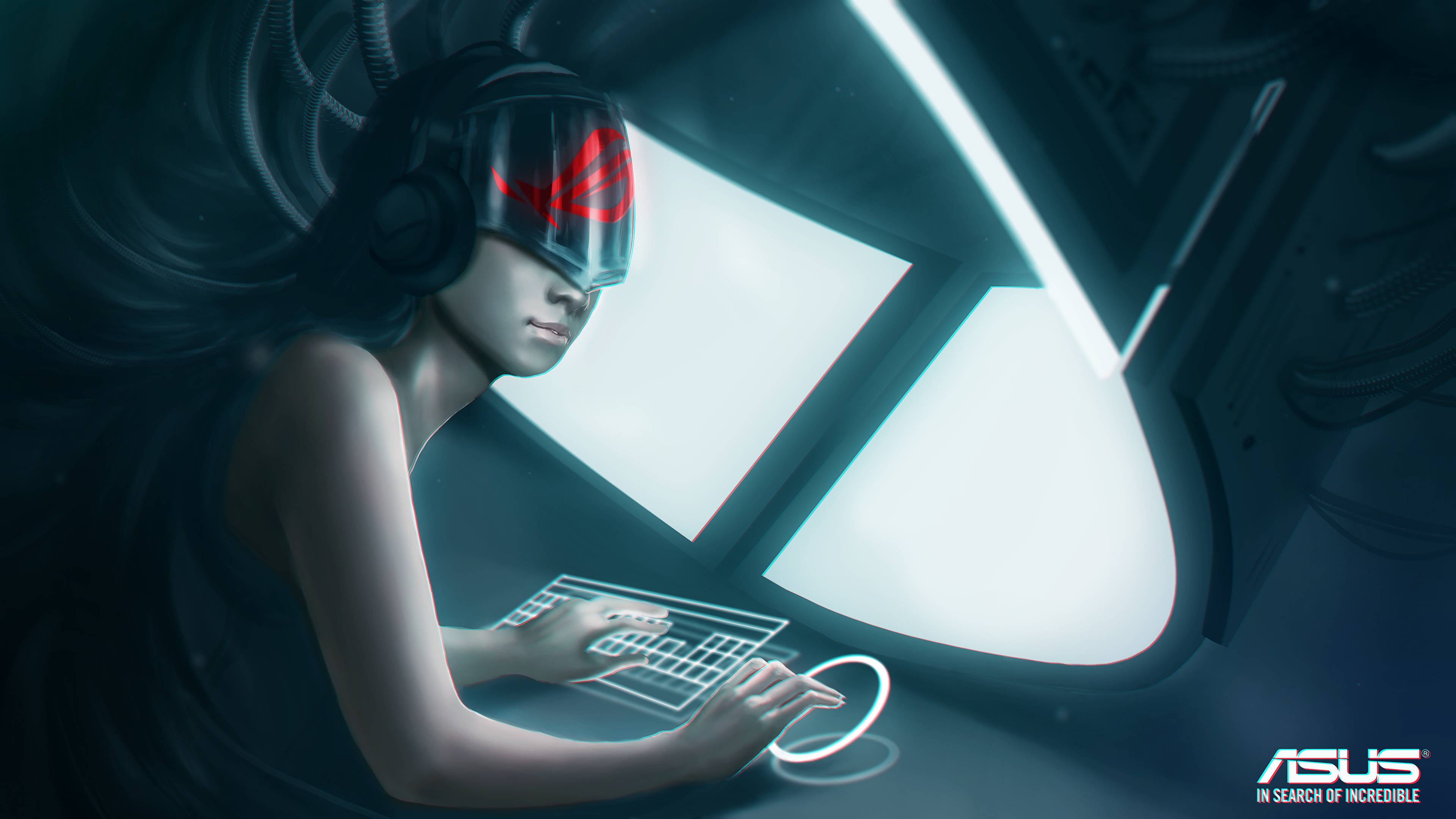 ASUS Republic Of Gamers Futuristic Helmet Virtual Reality Artwork Women Science Fiction 3840x2160