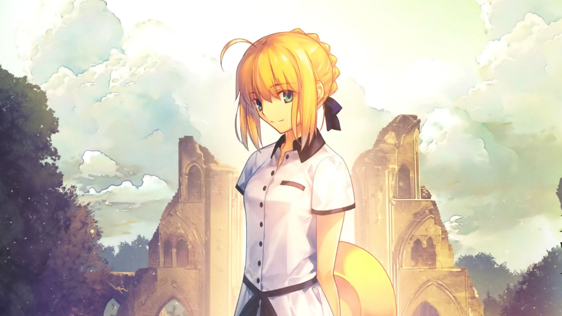 Saber Bangs Blonde Ribbon Green Eyes Alternate Outfit Fate Series Smiling Solo Clouds Landscape Look 1920x1080