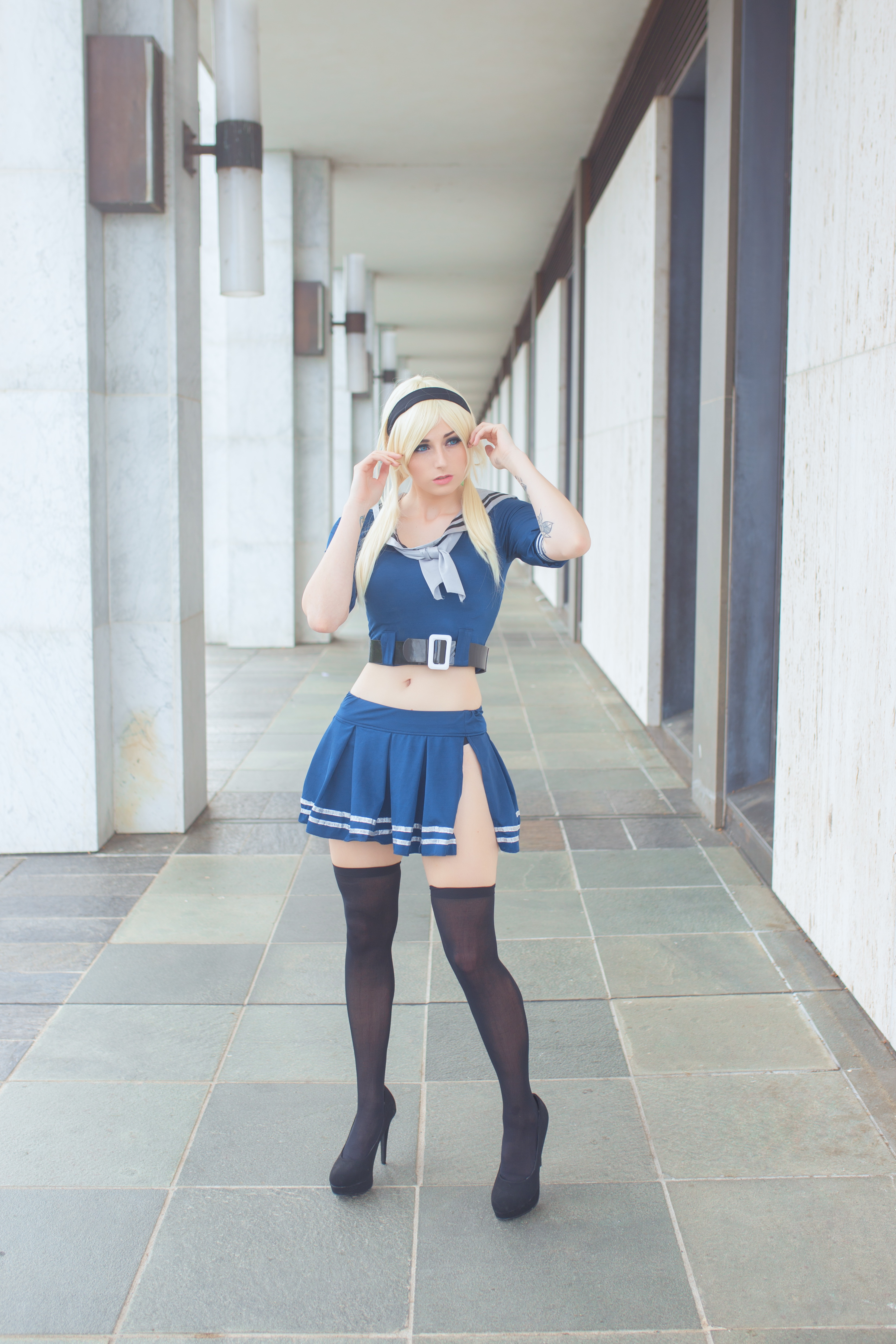 Cosplay Babydoll Sucker Punch Blonde Hair Band Blue Eyes Crop Top Socks Looking Away 3304x4955