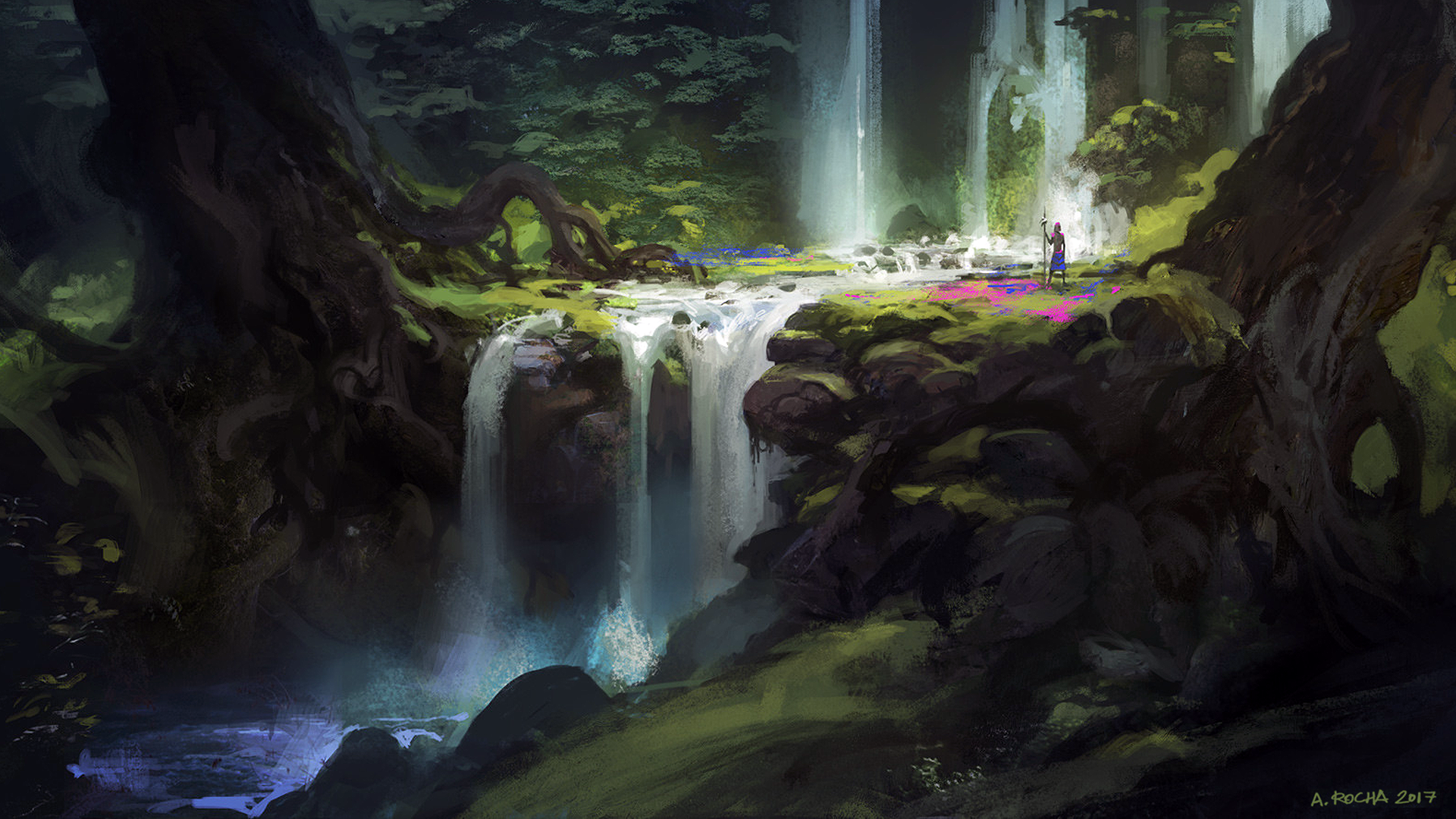 Andreas Rocha Artwork Digital Art Forest Trees Alone People Waterfall Fantasy Art Landscape Staff 1920x1080