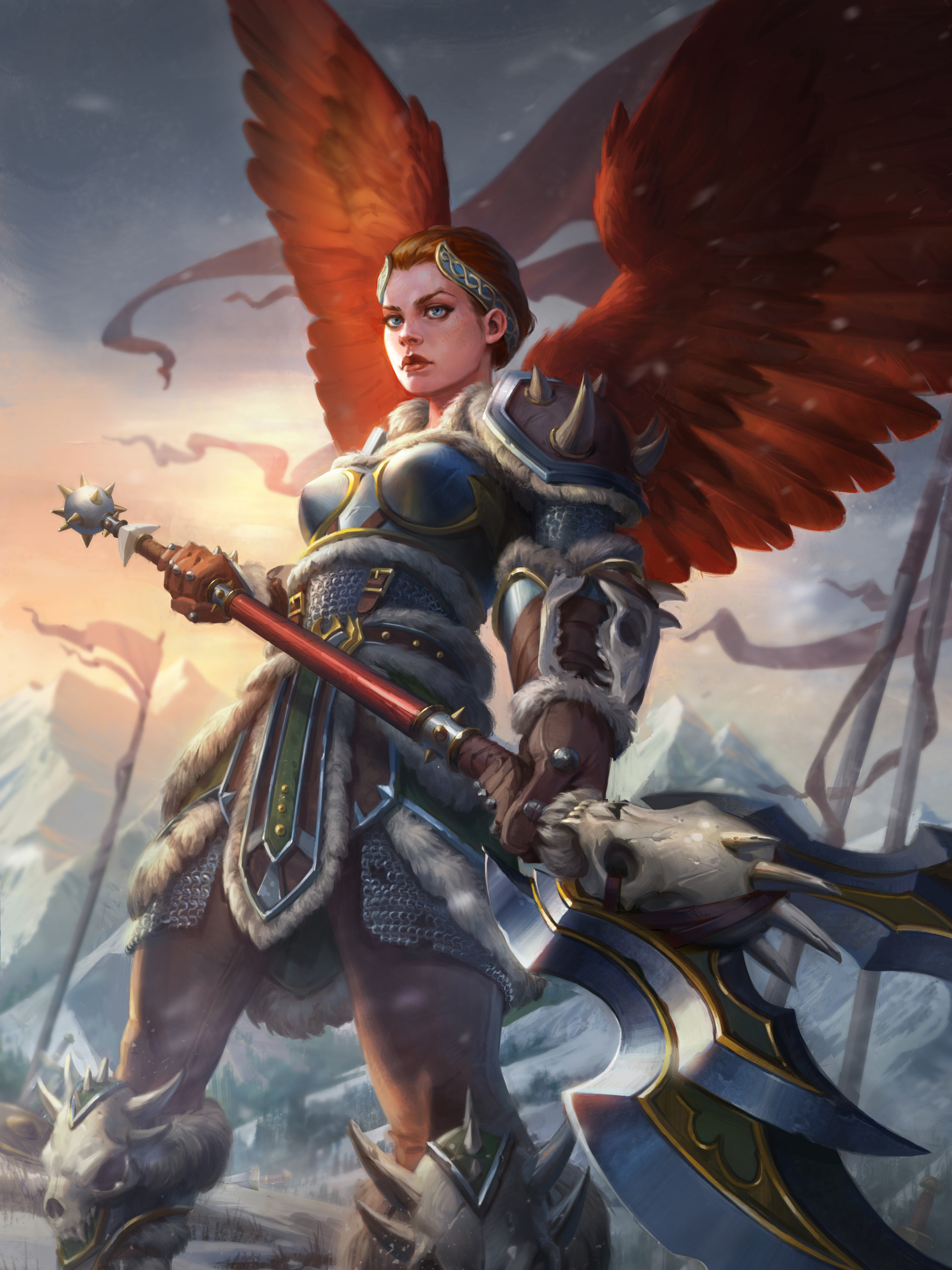 Artwork Fantasy Art Women Angel Wings Warrior Armor Skull Redhead Blue Eyes Mace Fantasy Armor Fanta 1920x2560