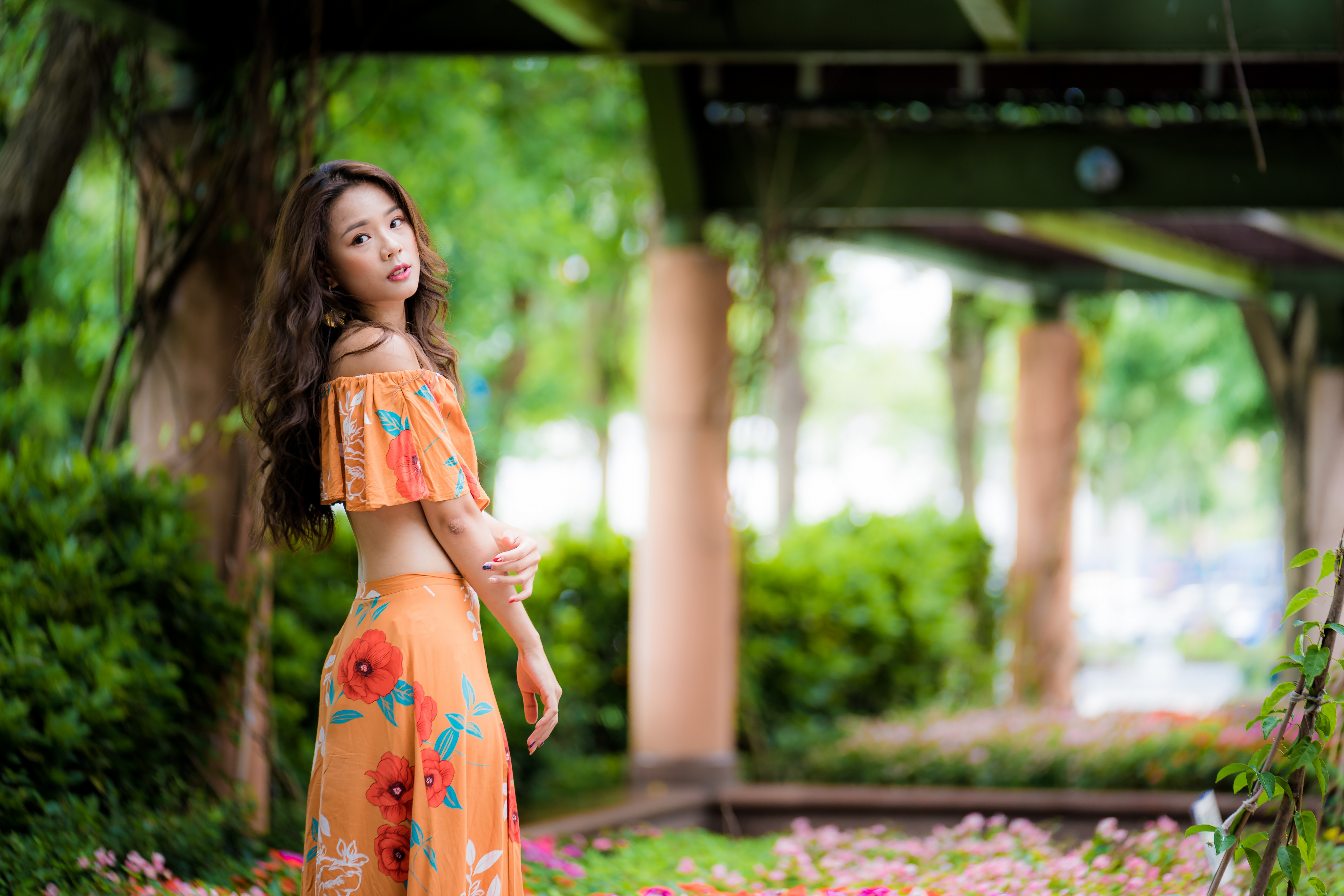 Asian Model Women Depth Of Field Long Hair Brunette Flower Dress Looking Away Column Bushes Flowers  4562x3043