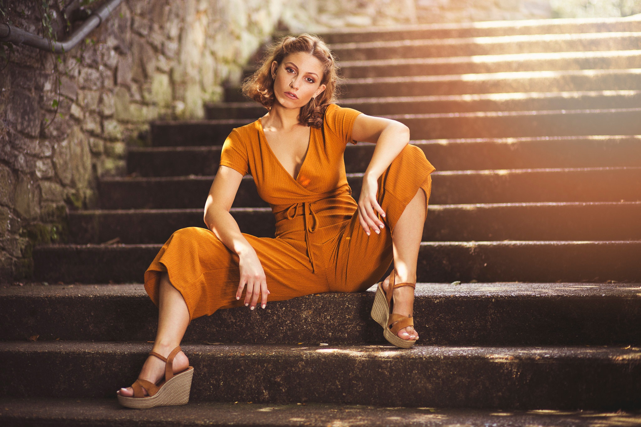 Women Model Stairs Women Outdoors Sitting Brunette Shoulder Length Hair Orange Dress Jumpsuit Wedge  2048x1365