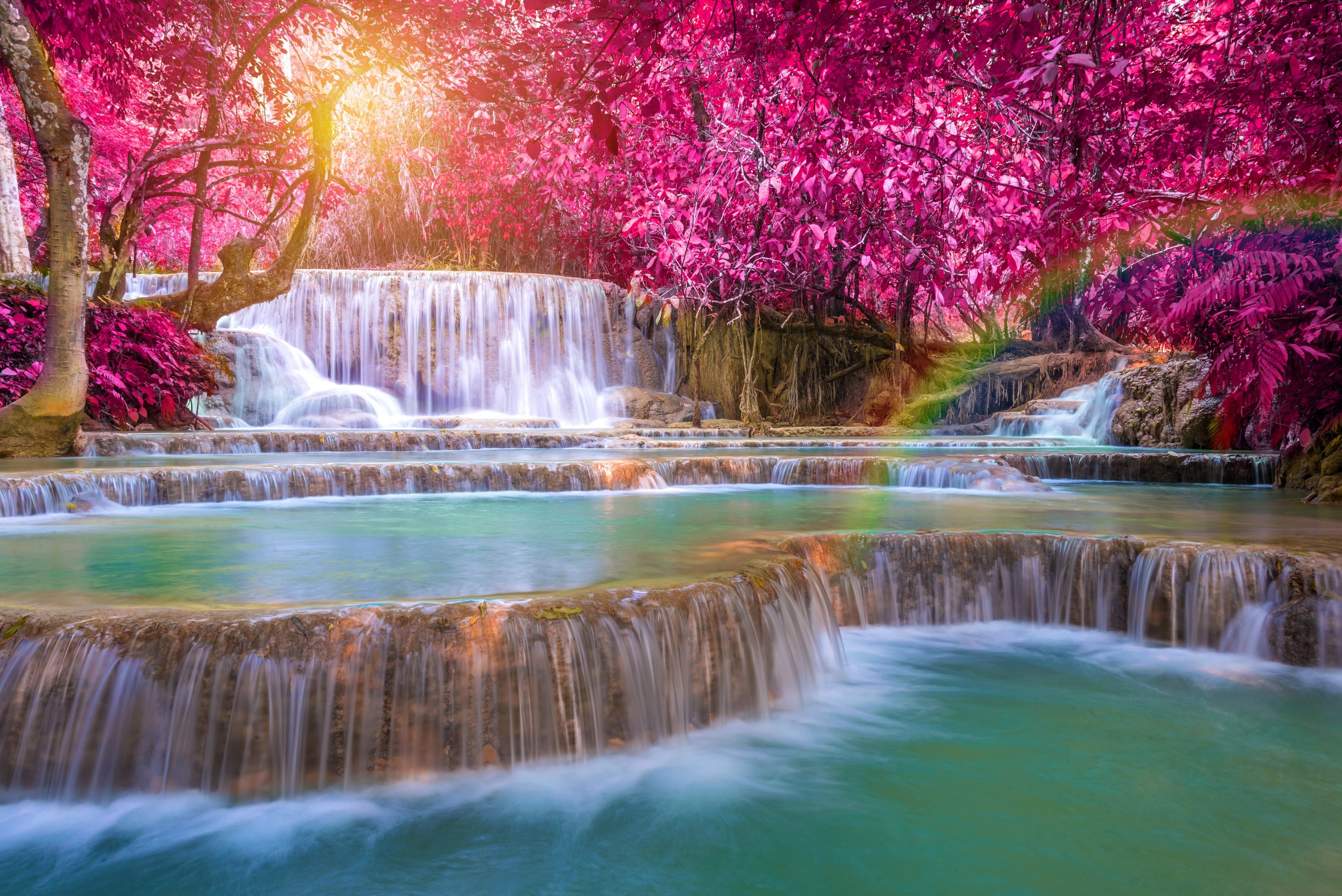 Waterfall Trees Fall Laos Rainbows Long Exposure 3225x2153