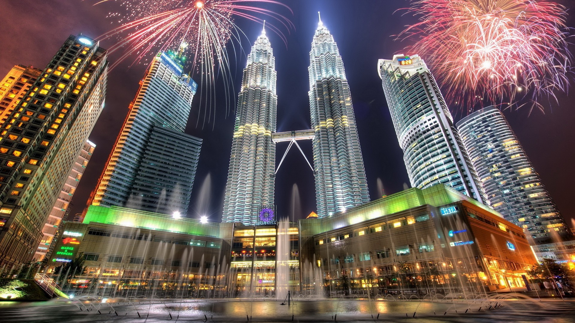 Cityscape City Building HDR Lights Petronas Towers Fireworks Natural Light Digital Lighting Kuala Lu 1920x1080