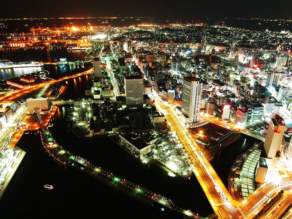 Lights Road Building Horizon Yokohama Night Japan Cityscape Aerial View 1024x768