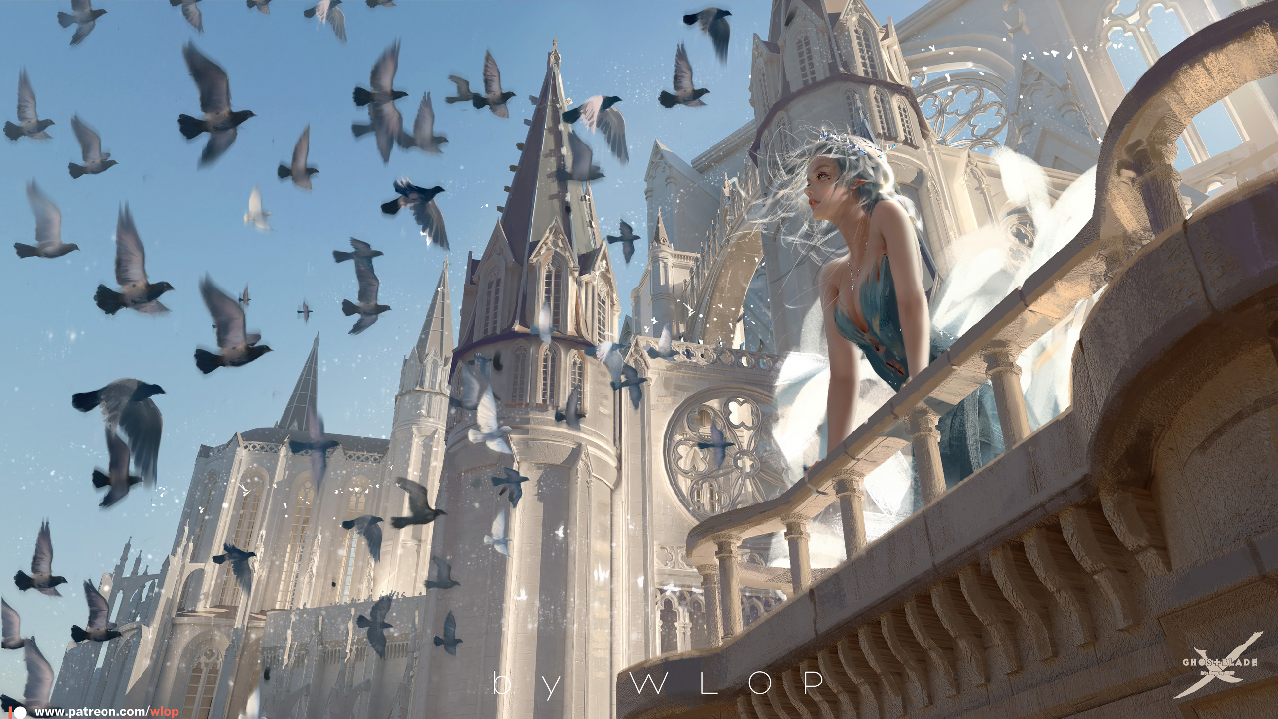 WLOP Artwork Original Characters Ghost Blade Women Digital Art Birds Castle Balcony White Hair Fanta 2592x1458