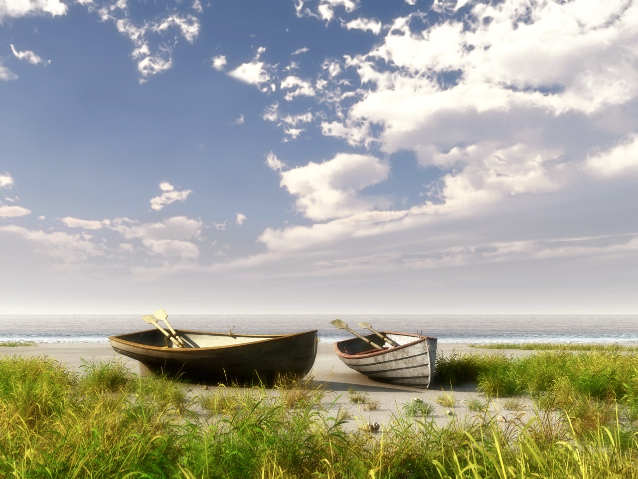 Beach Rowboat Sky Clouds 1280x960