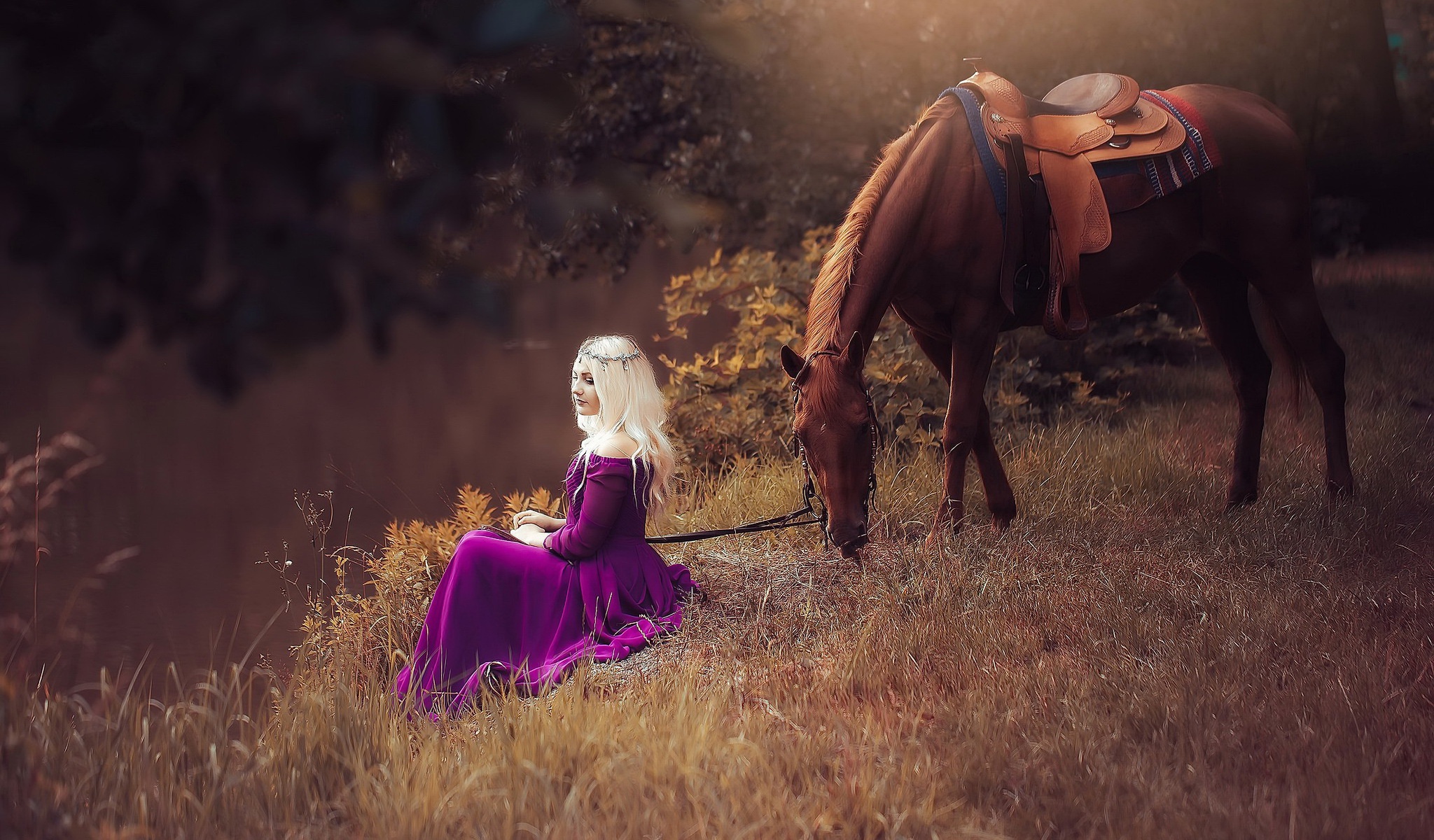 Women Fantasy Girl Nature Horse Animals Women With Horse Violet Dress 2048x1200