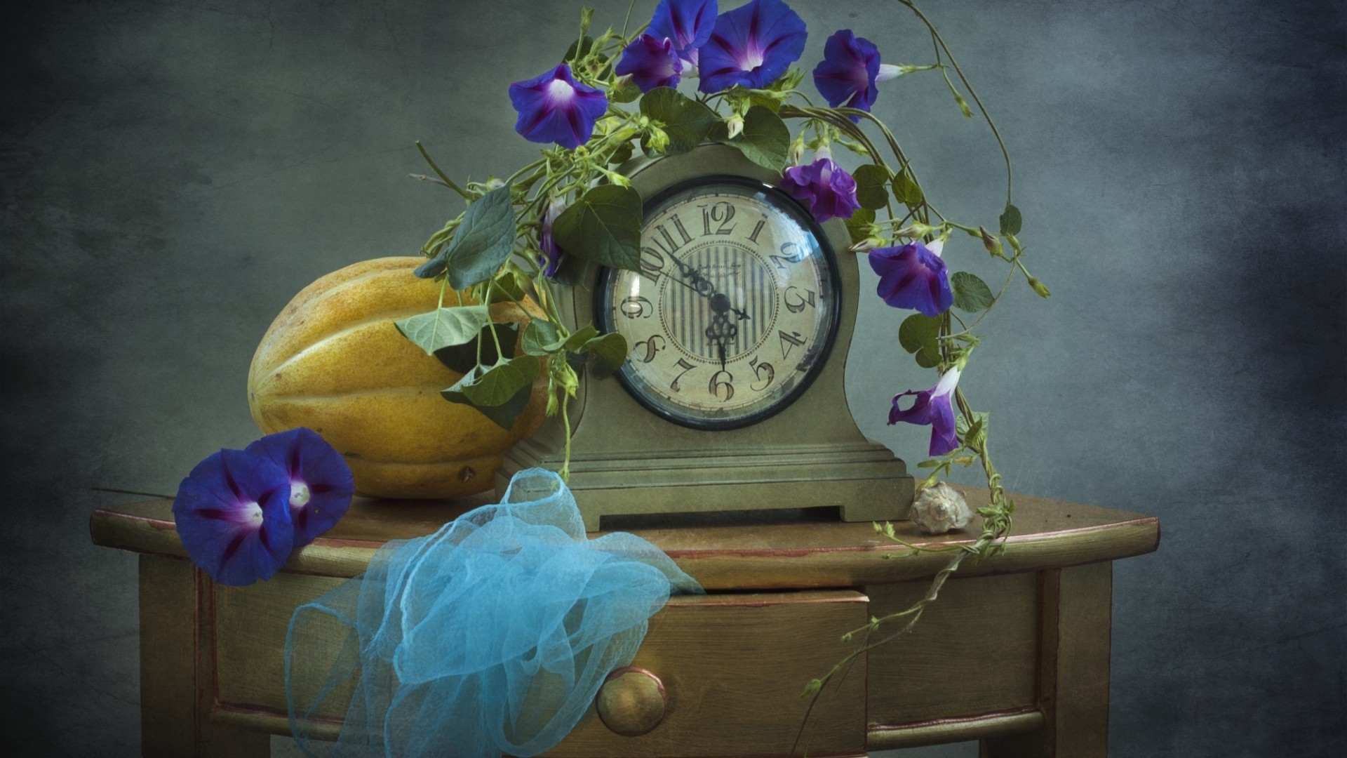 Still Life Table Clock Scarf Flower Vine Gourd 1920x1080