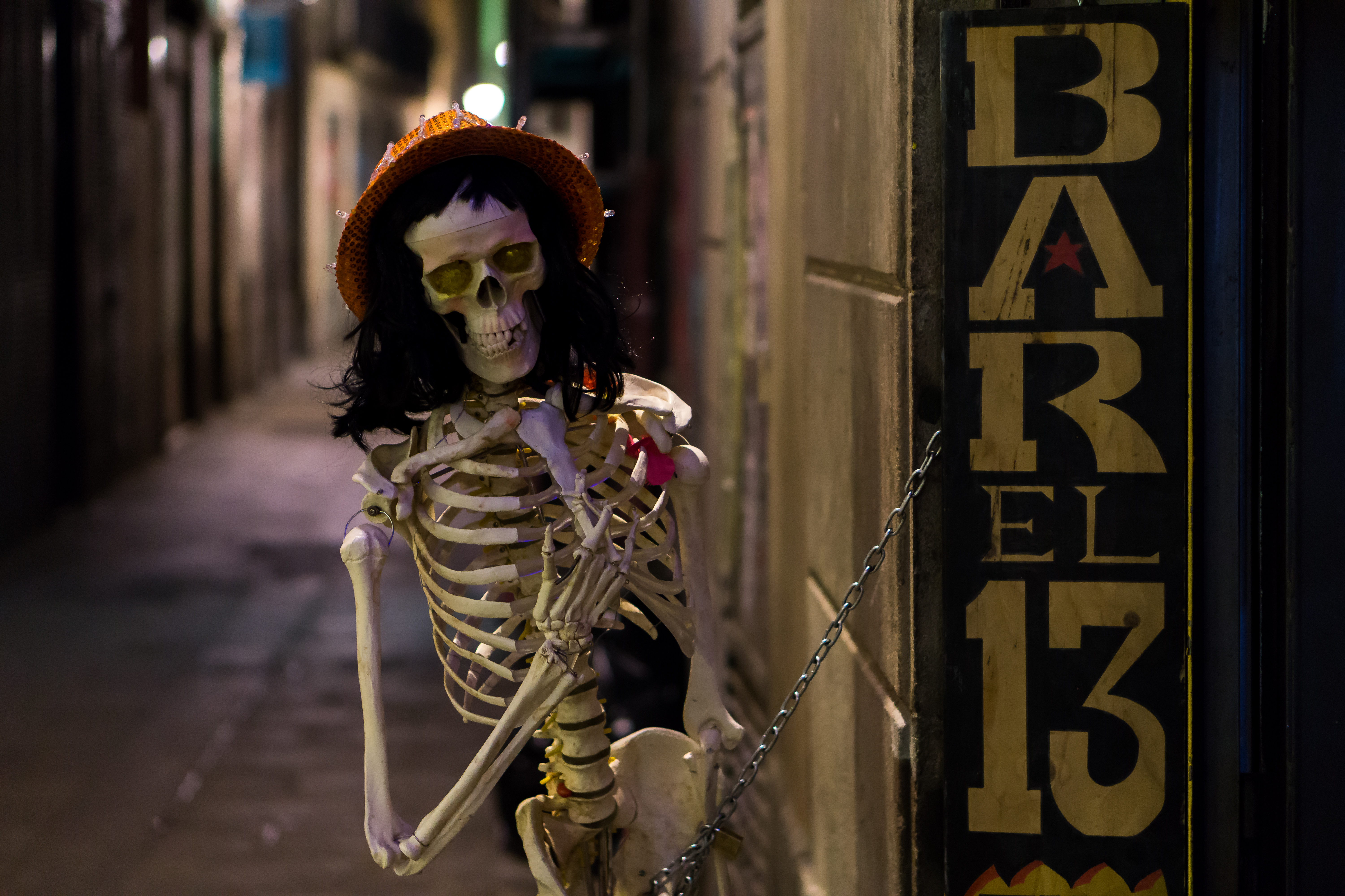 Bar Barcelona Spain Street Skeleton Hat 6000x4000