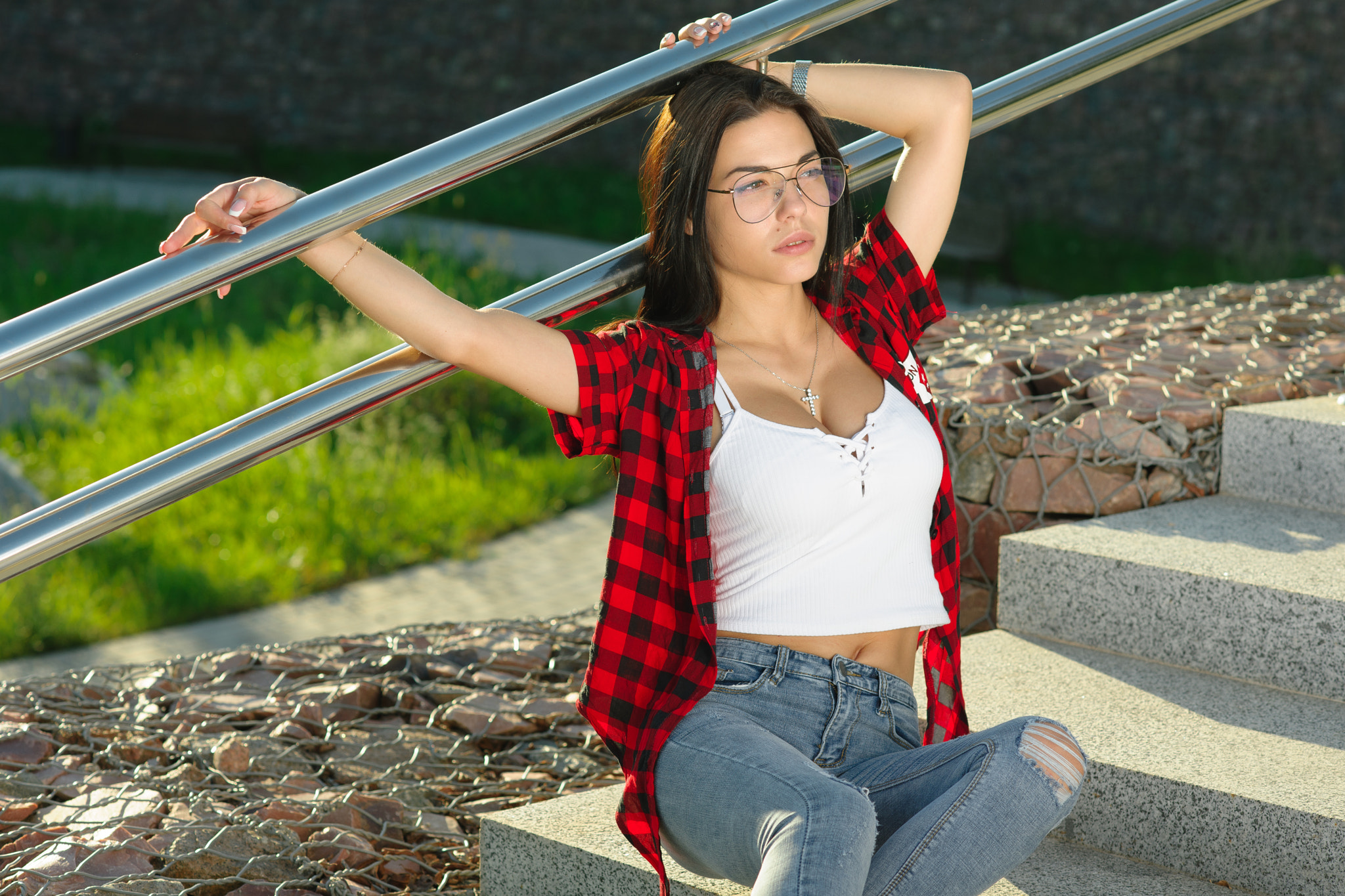Women Portrait Plaid Shirt Torn Jeans Stairs Sitting Women With Glasses Marina Shimkovich 2048x1365