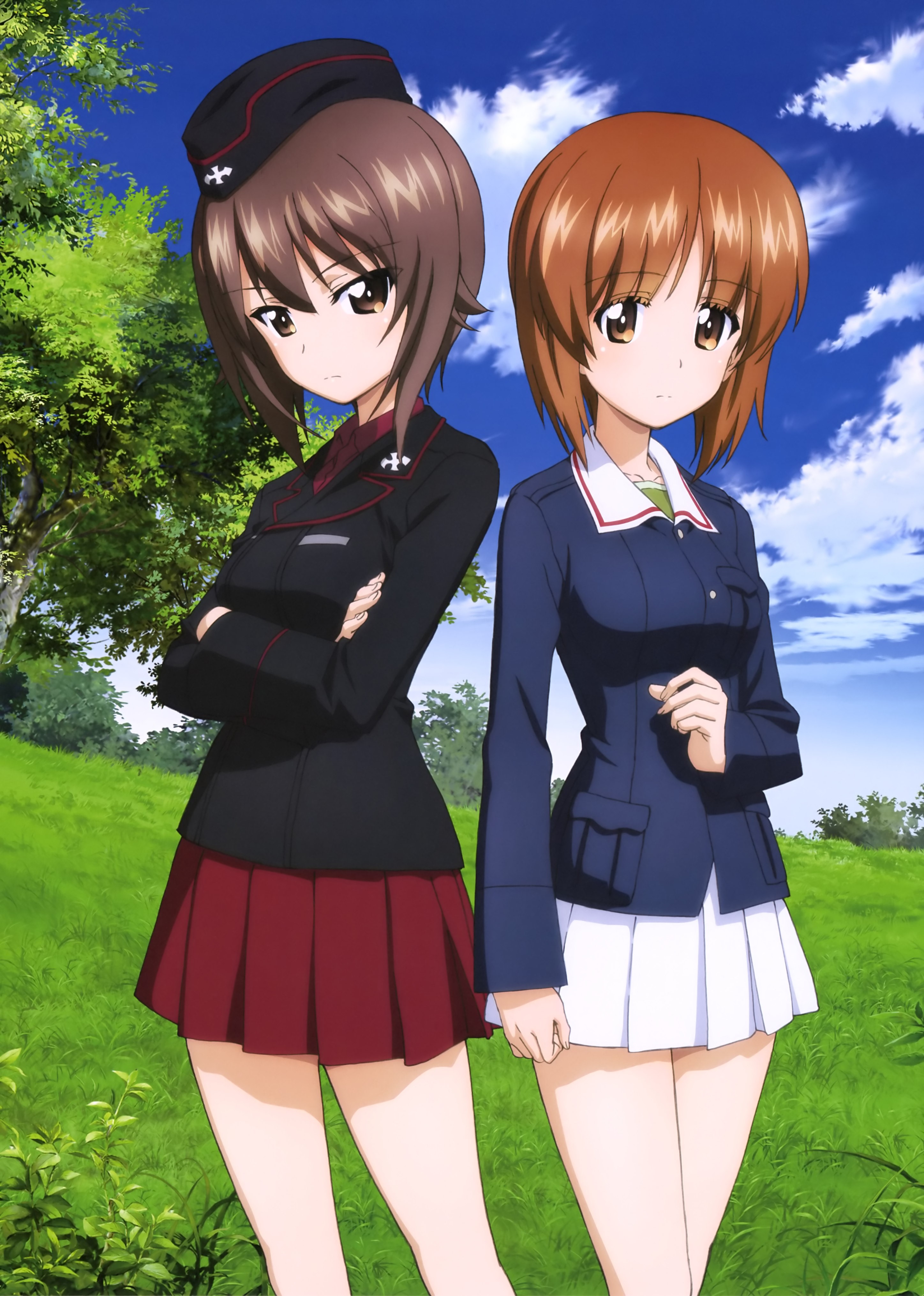 Anime Anime Girls Nishizumi Maho Nishizumi Miho Uniform Short Hair Brunette Brown Eyes Skirt Grass 2896x4060