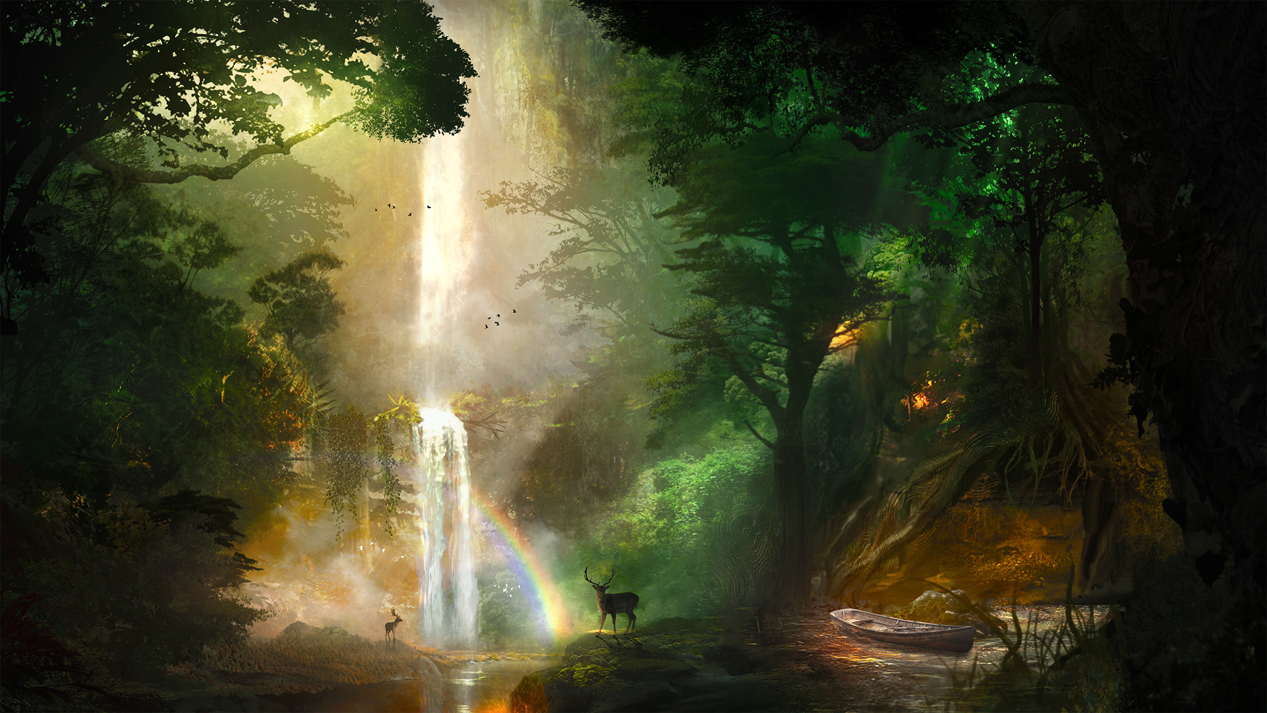 Digital Art Jungle Boat Rainbows Deer Waterfall Martina Stipan 2560x1440