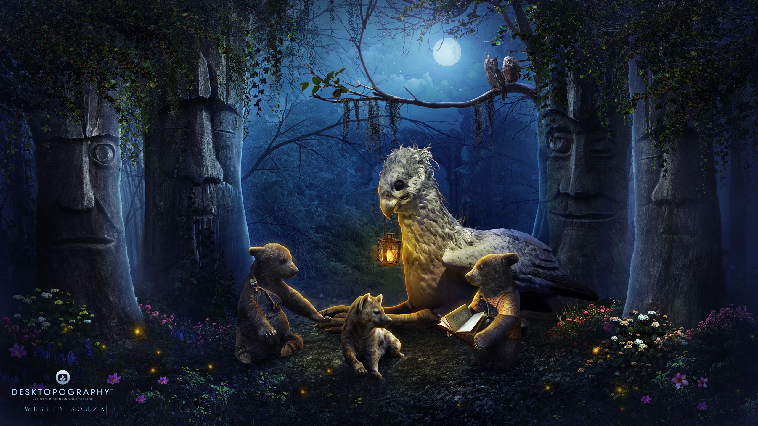 Animal Forest Artistic Night Moon Griffin Bear 2560x1440