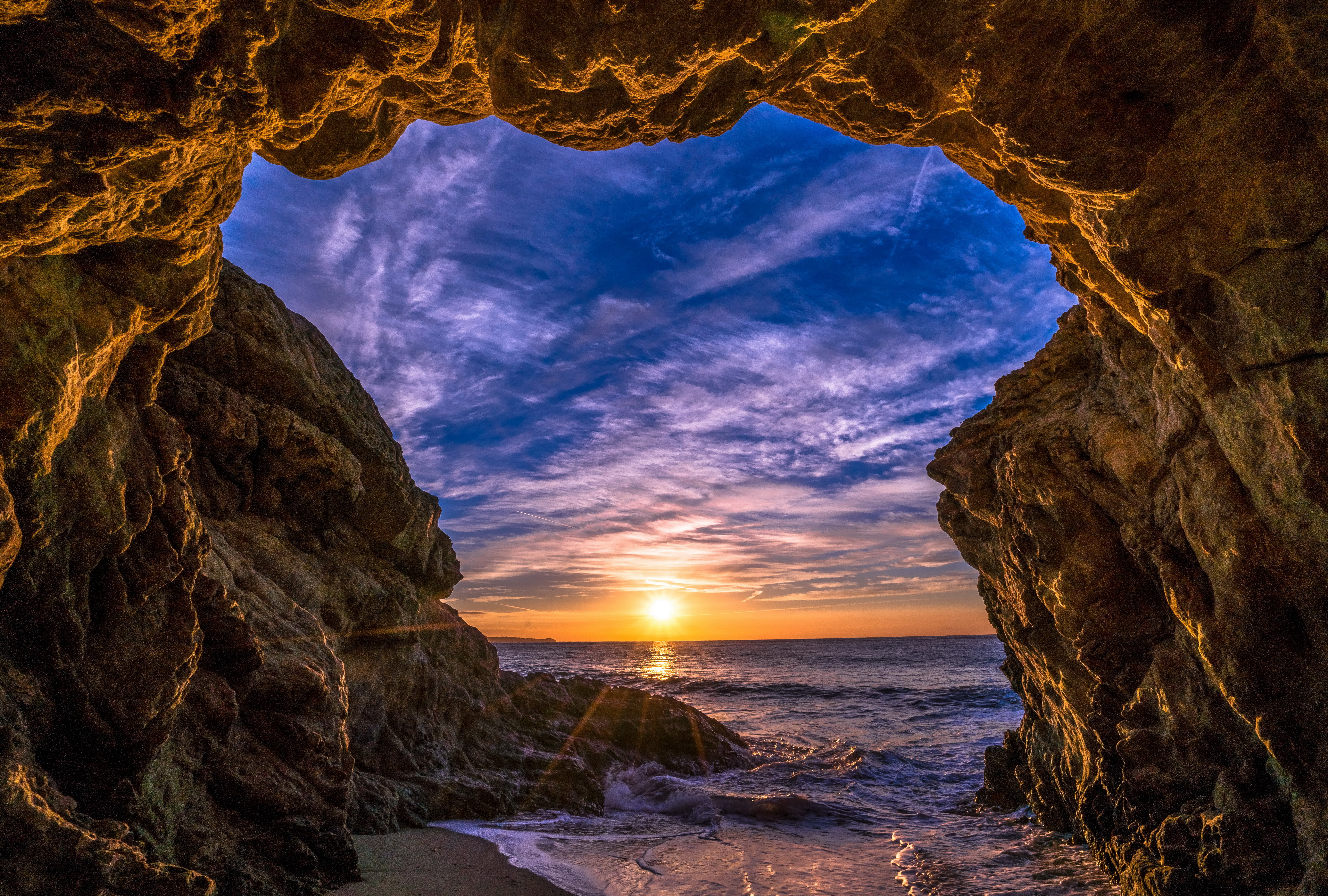 Beach Ocean Cave Rock Arch Sunset Sun Malibu California 6800x4590