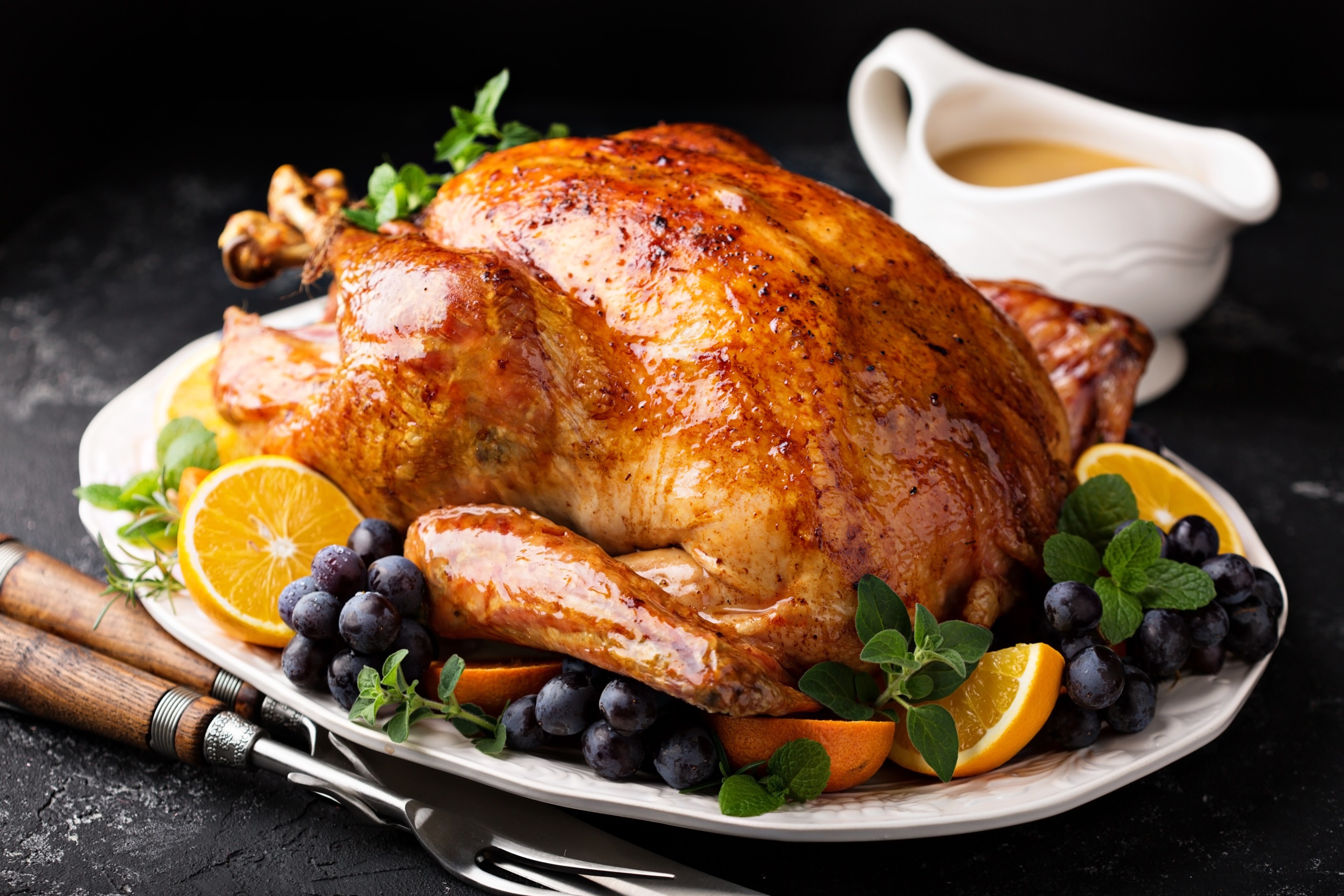 Chicken Food Meat Animals Flesh Muscles Death Grapes Orange Fruit Herb Fork Table Knife Knife And Fo 2560x1707