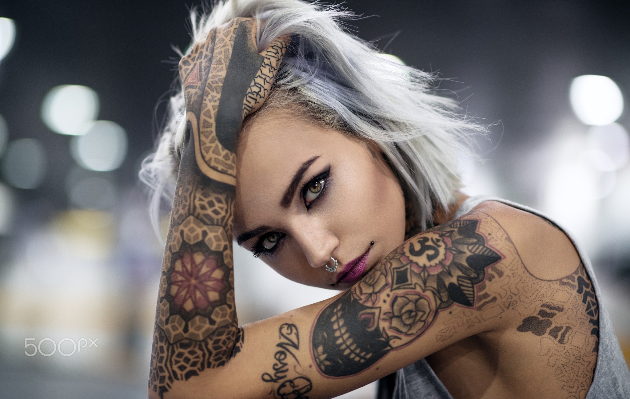 Women Face Portrait Dyed Hair Brunette Tattoo Hands On Head Nose Rings Piercing Grey Hair Brown Eyes 2048x1298