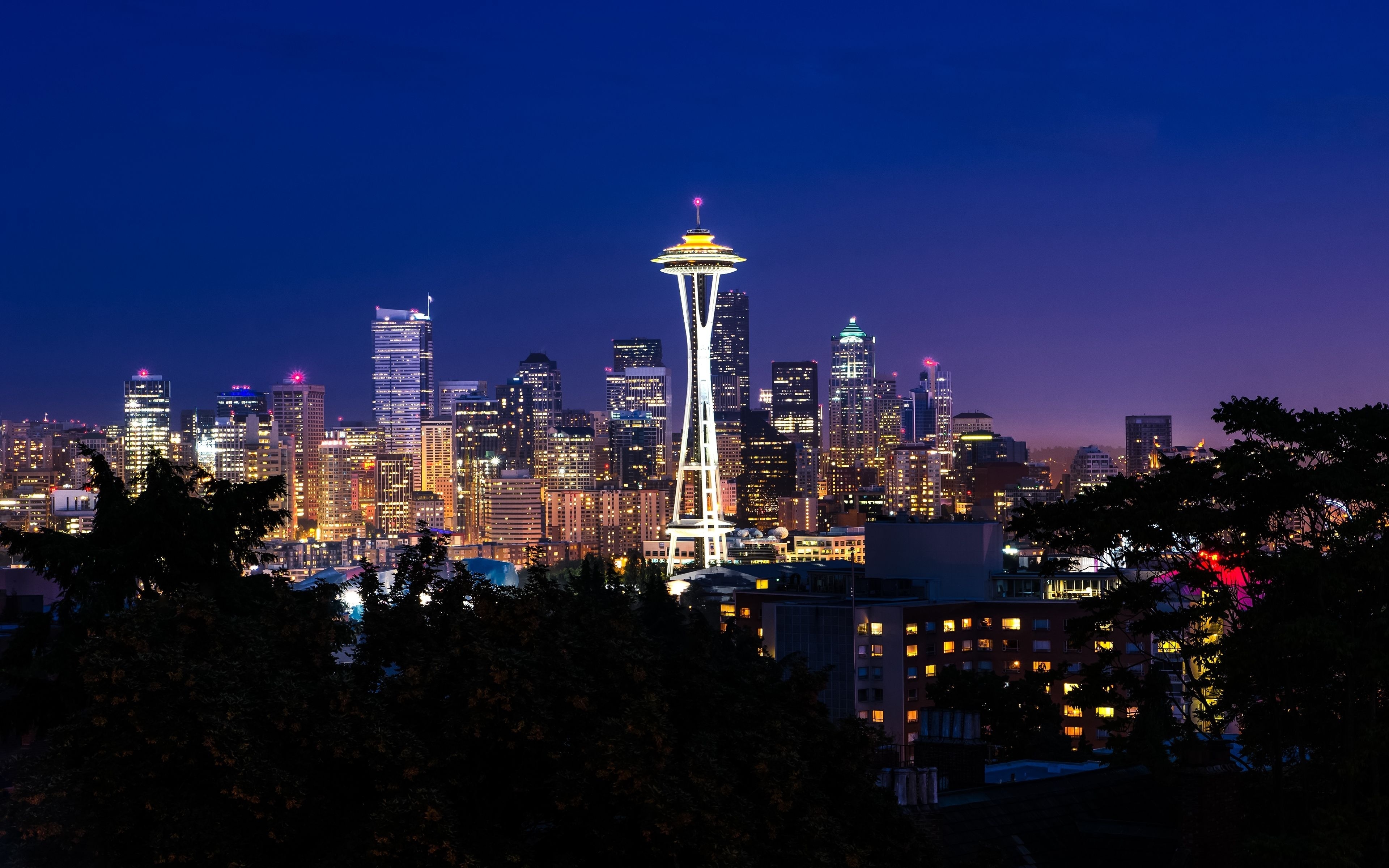 Space Needle City Night Light Seattle 3840x2400