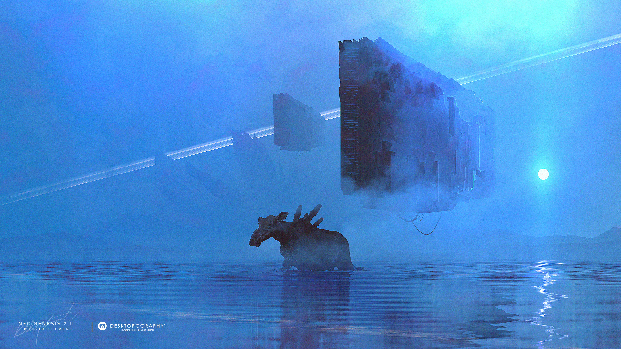 Desktopography Photoshop Digital Moose Spaceship Water Fantasy Art Kuldar Leement Elk Blue Cyan 2560x1440