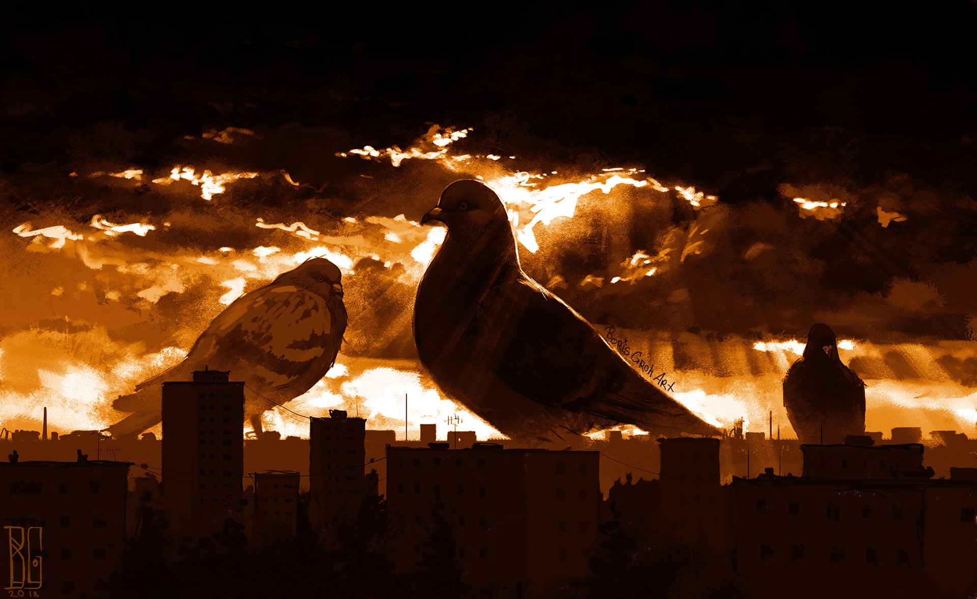 Dark Sky Cityscape Artwork Boris Groh Pigeons 1920x1177
