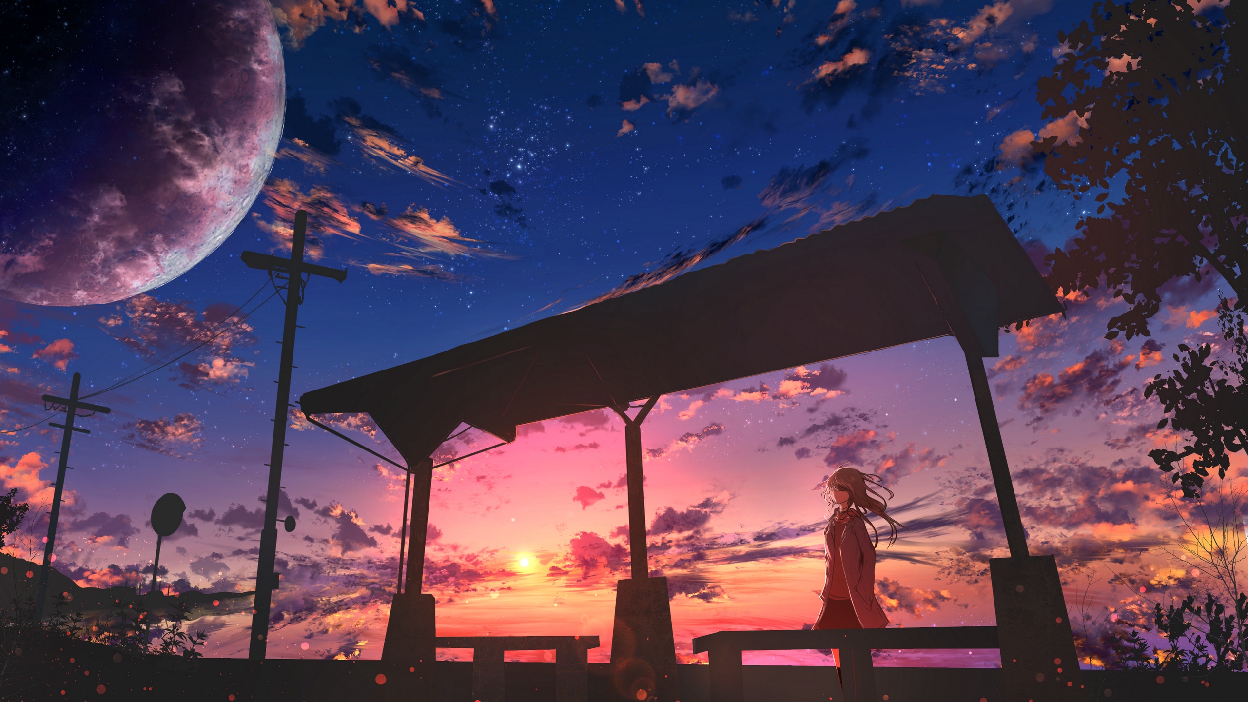 Anime Bus Stop Power Lines Bench Sunset Moescape Low Angle 2560x1440