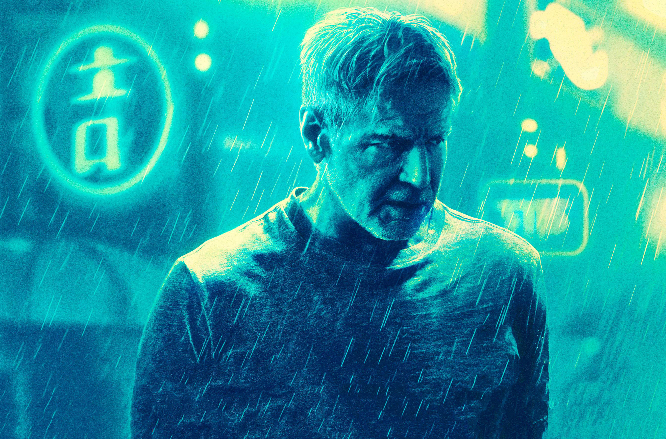 Blade Runner 2049 Harrison Ford Movies Blade Runner Men Rain Neon Rick Deckard Cyan 2691x1774