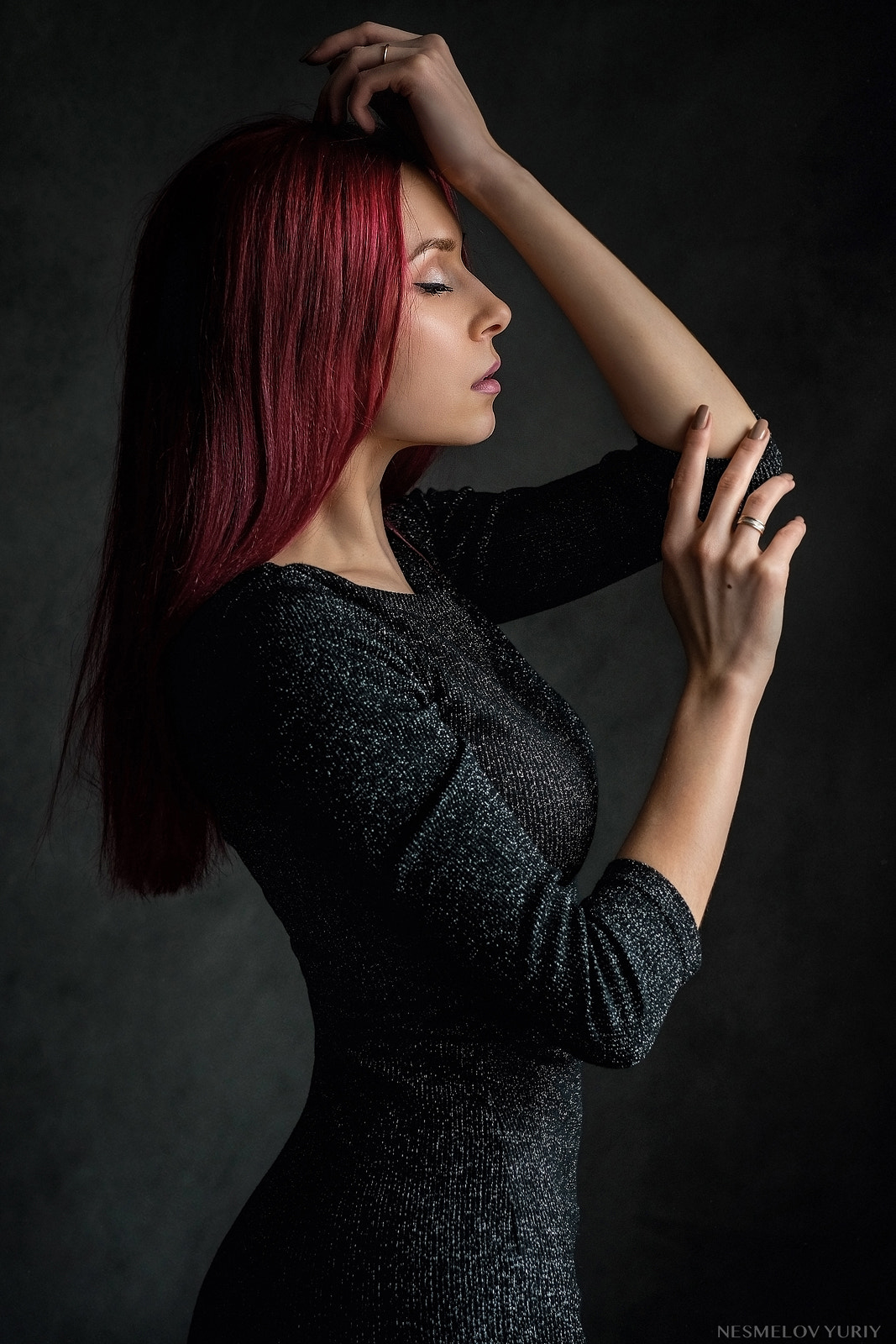 Yury Nesmelov Women Redhead Long Hair Straight Hair Closed Eyes Jewelry Rings Dress Profile Make Up  1067x1600