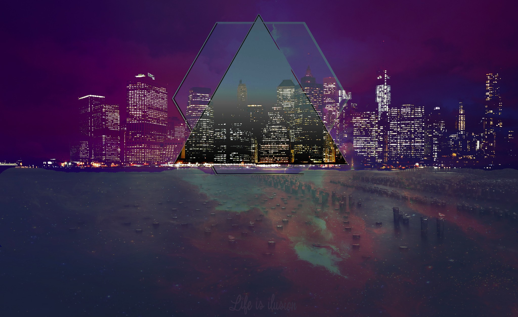 New York City Illusions Triangle Low Poly Lights Colorful Text 2048x1253