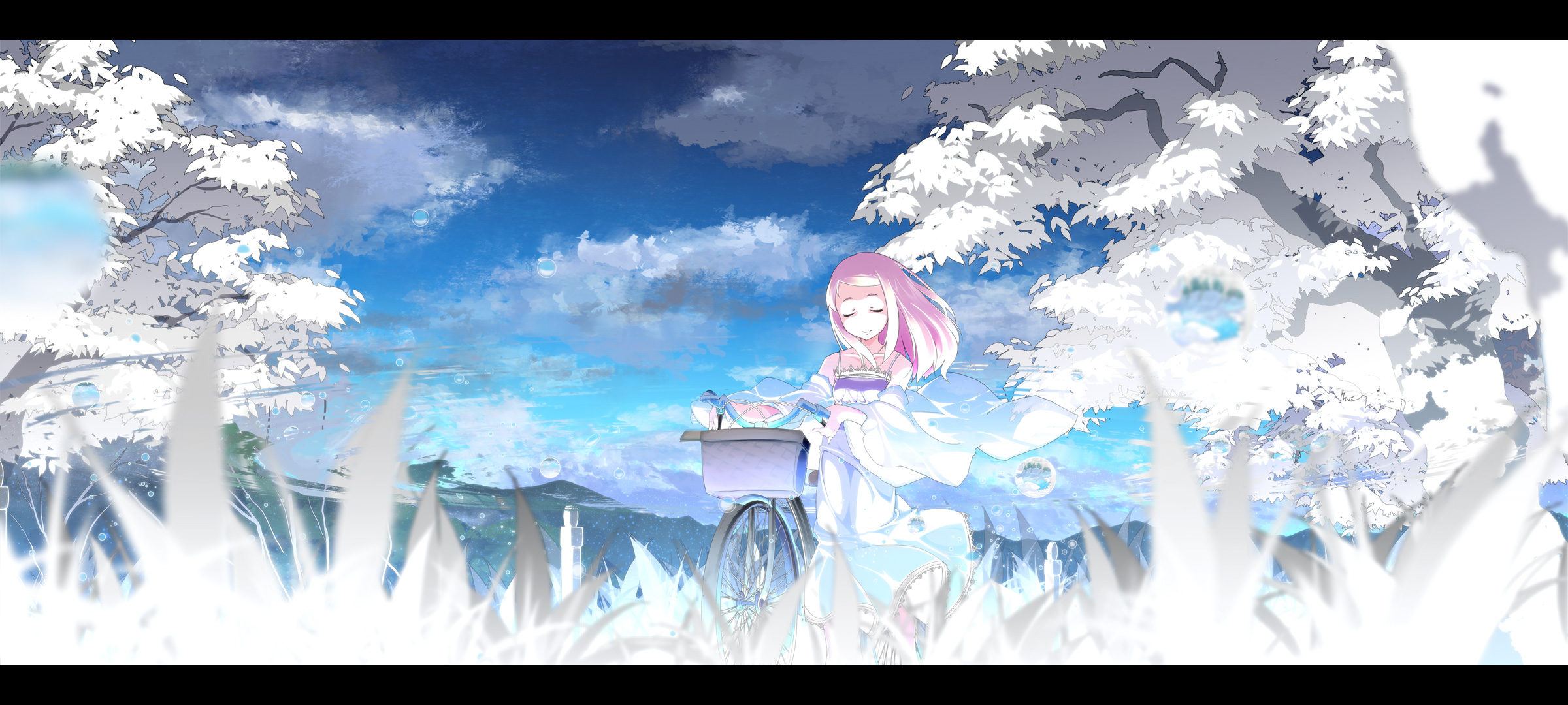 Asakura Masatoki Original Characters Anime Girls Nature Trees Bicycle Closed Eyes Grass Sky Mountain 2400x1080