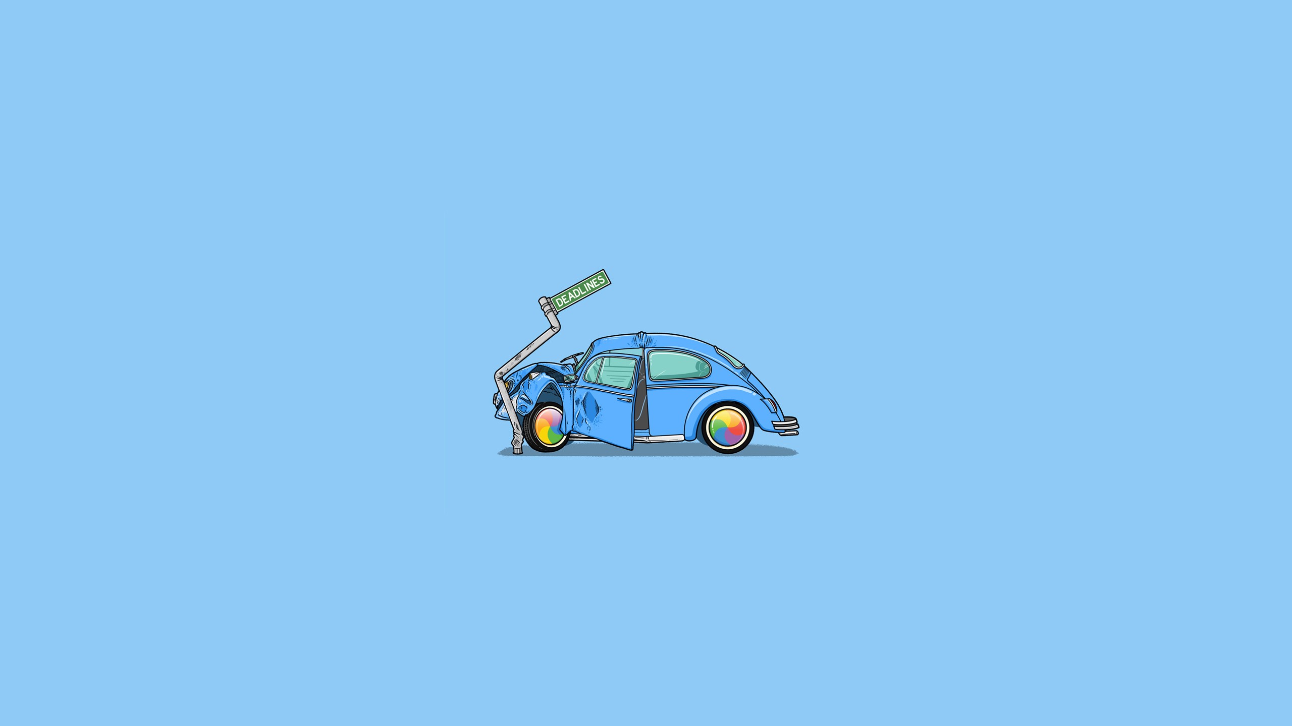 Illustration Blue Background Crash Volkswagen Beetle Minimalism Cyan Cyan Background 2560x1440