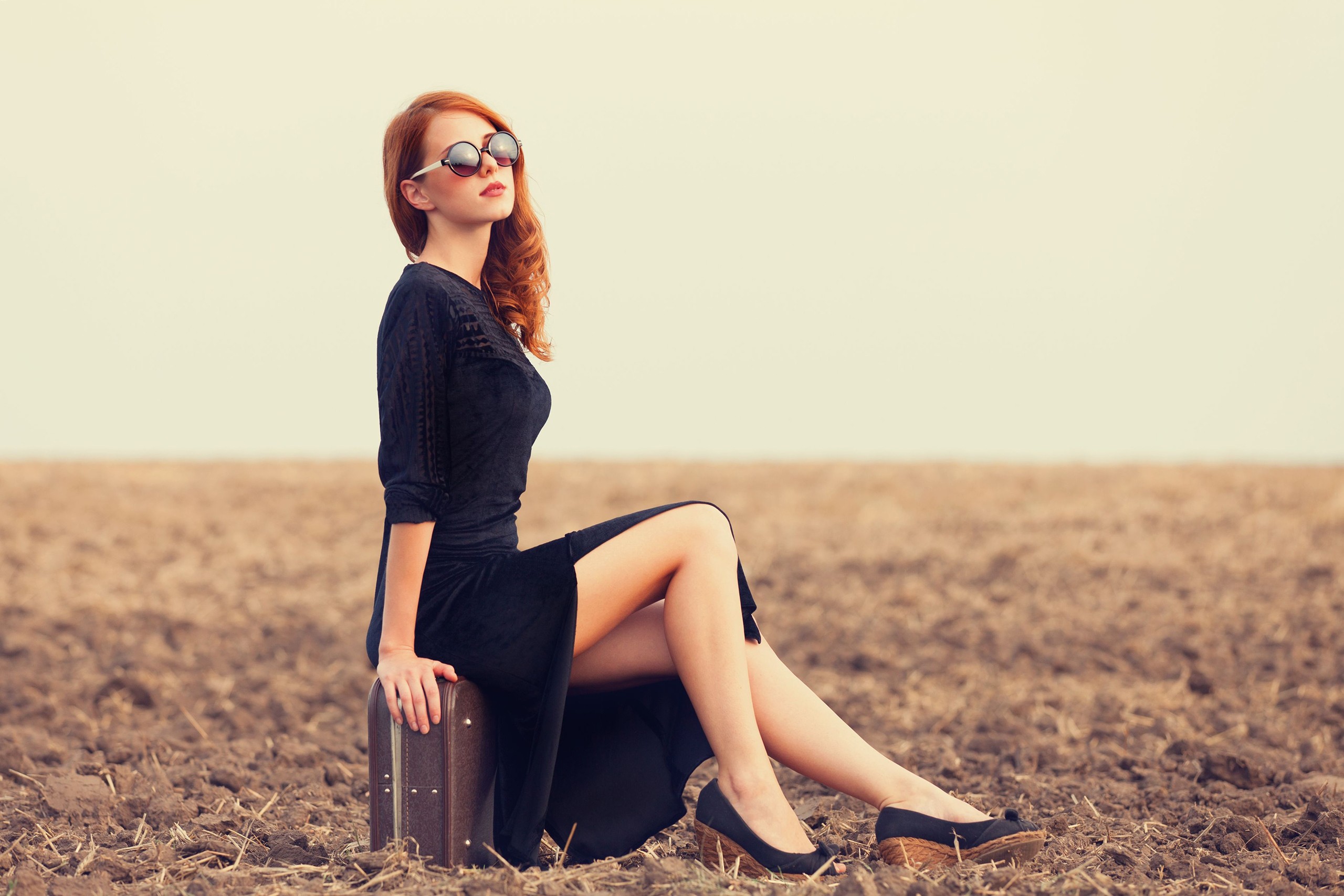 Women Redhead Women Outdoors Women With Shades Black Dress Suitcase Sitting High Cut Dress Legs Fash 2560x1707