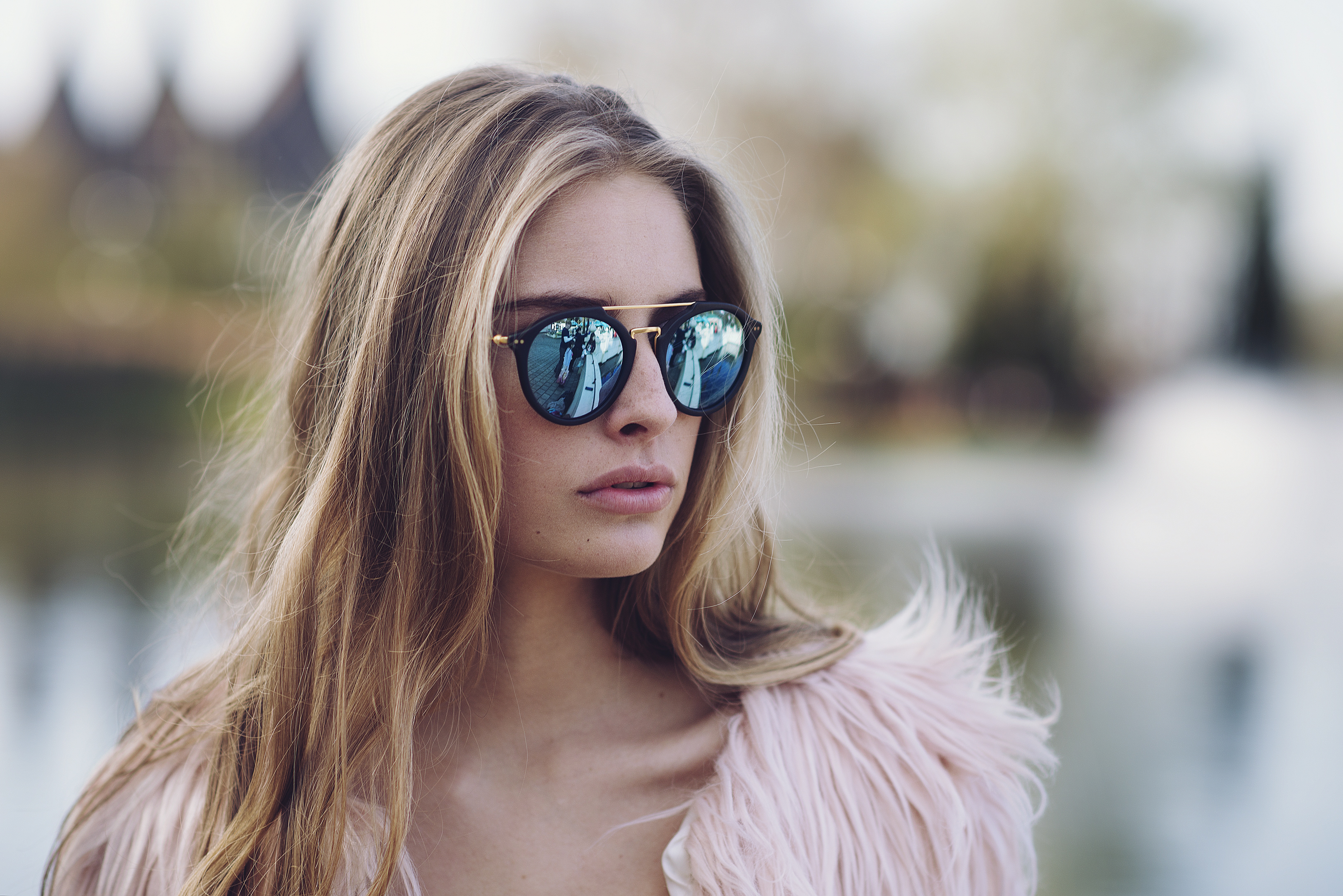 Women Blonde Sunglasses Open Mouth Pink Jacket Portrait Bokeh Anastasia Vervueren Camille Rochette 6494x4334