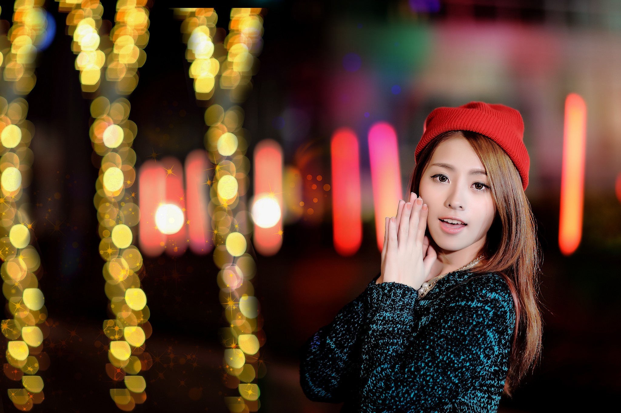 Hat Long Hair Hands Lights Looking At Viewer Knit Hat Redhead 2048x1365