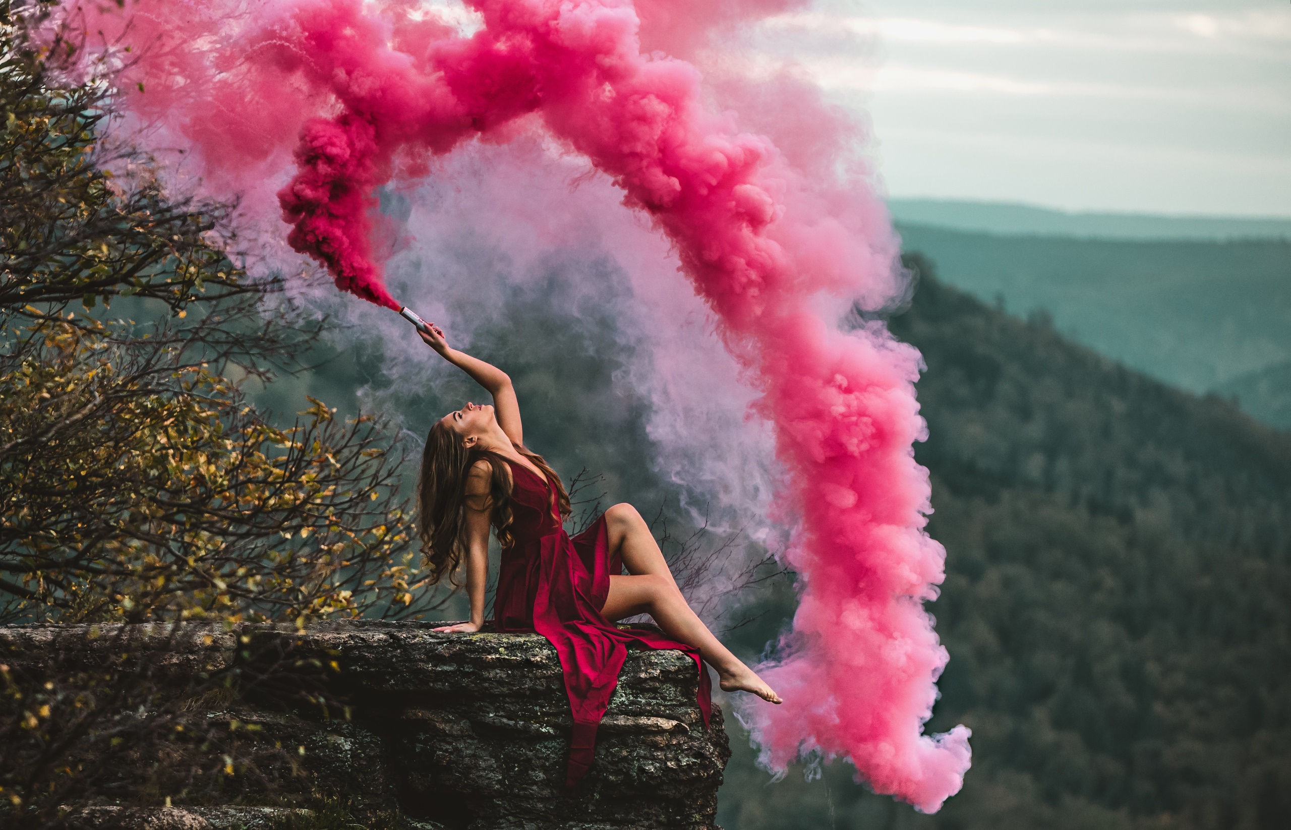Women Women Outdoors Barefoot Smoke Legs Sitting Red Dress Colored Smoke Pink Model Dress 2560x1646