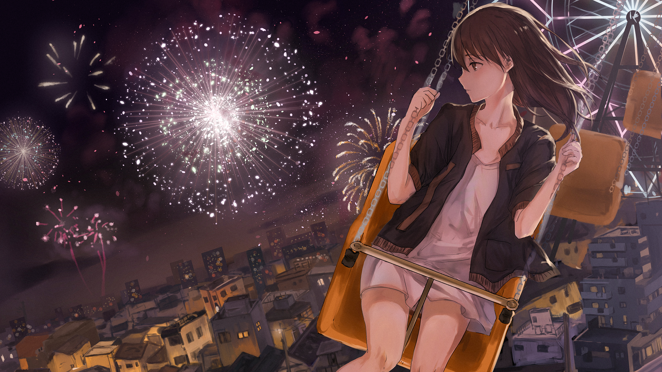 Anime Girls Anime Fireworks Night White Dress Sad Catzz 2560x1440