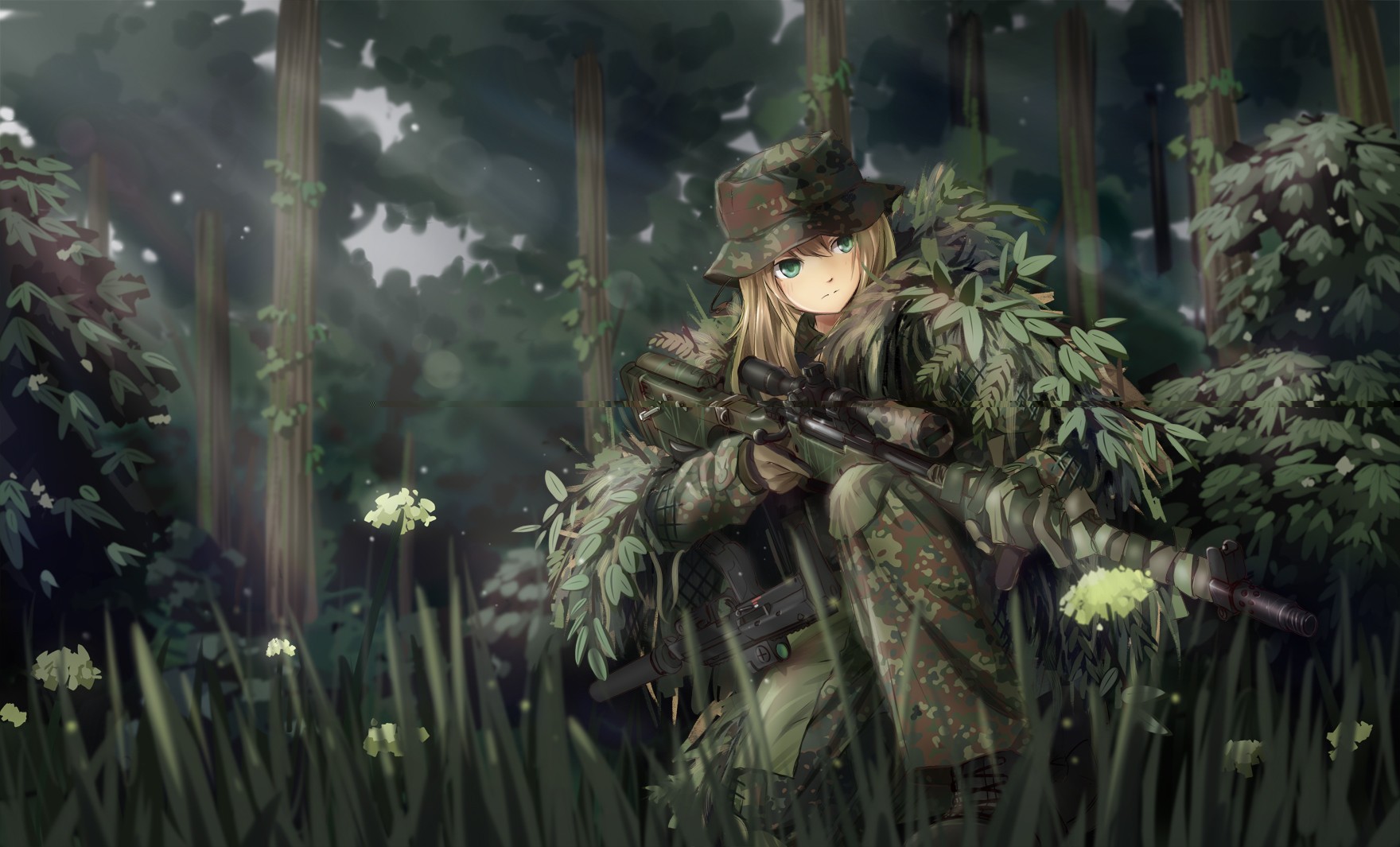 TC1995 Anime Anime Girls Original Characters Military Weapon Camouflage Ghillie Suit Sniper Rifle Gu 1760x1065