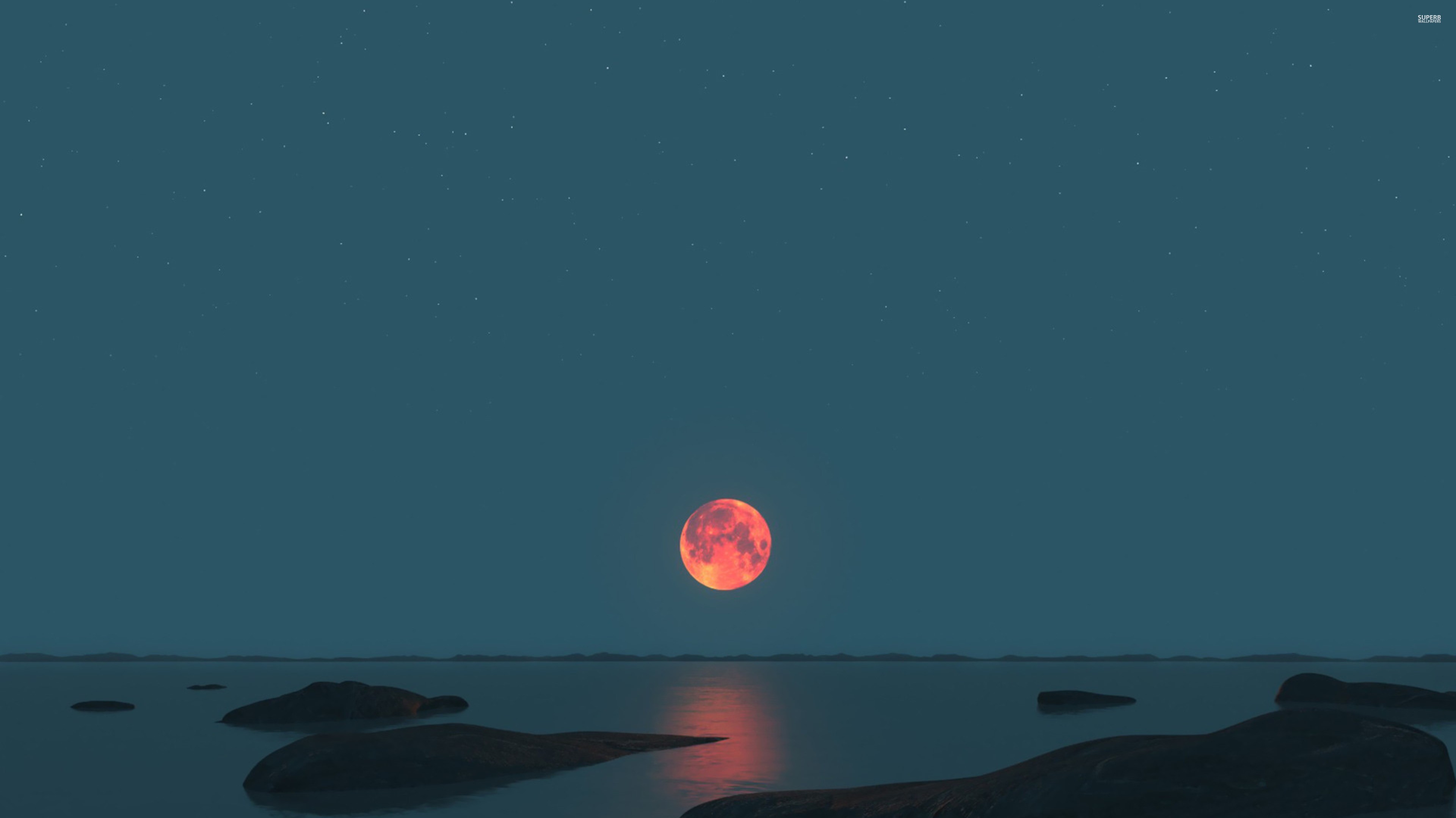 Moonlight Sea Nature Water Sky Red Moon 3840x2160