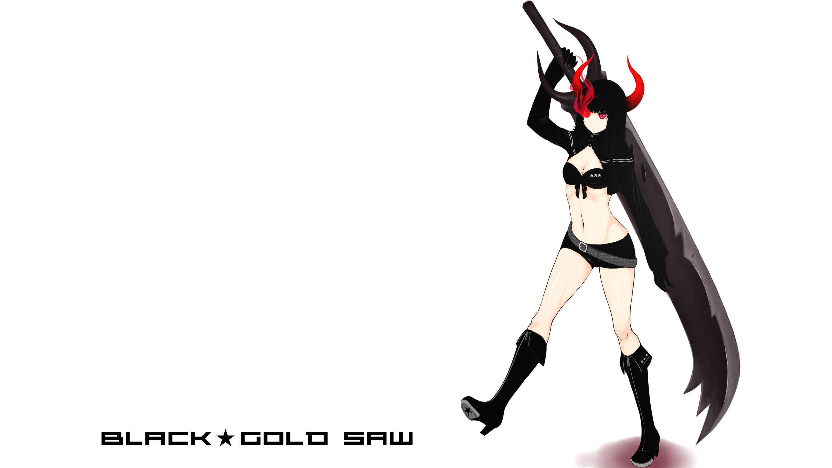 Black Rock Shooter Series Simple Background Black Gold Saw Weapon Long Hair Shorts Sword Black Hair  2844x1600