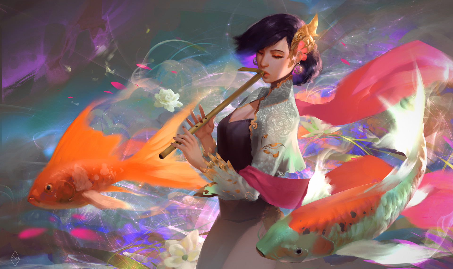 Fahmi Fauzi Women Artwork Illustration Digital Art Fantasy Art Fish Koi Flute Surreal Closed Eyes Po 1920x1143