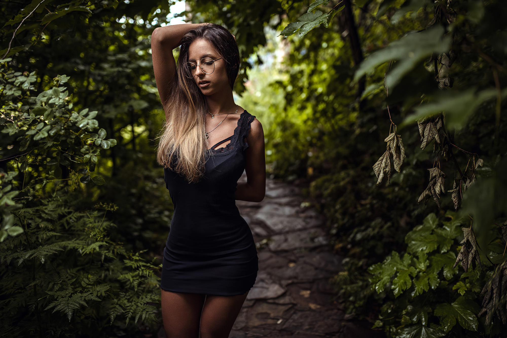 Women Brunette Women With Glasses Black Dress Hips Dyed Hair Women Outdoors Necklace Long Hair Tight 2000x1333