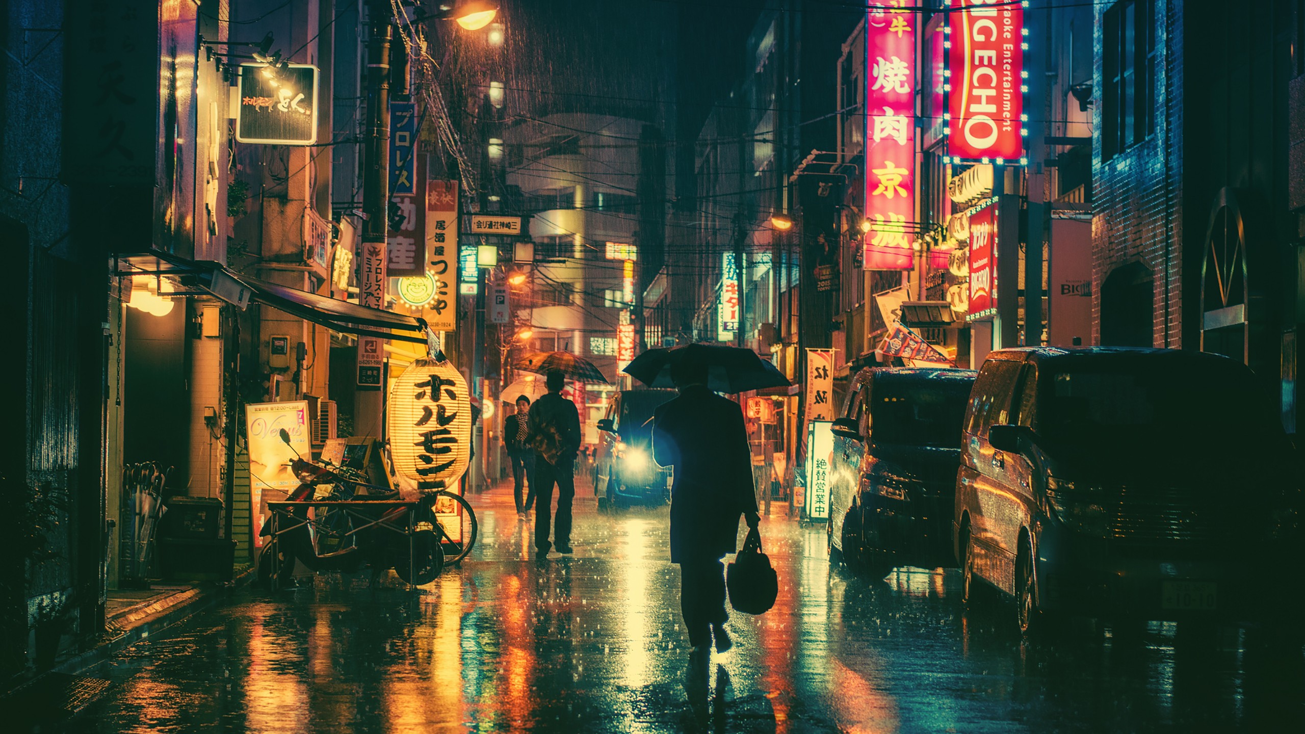 Night Japan Masashi Wakui Photography Photo Manipulation Umbrella Neon Lights 2560x1440