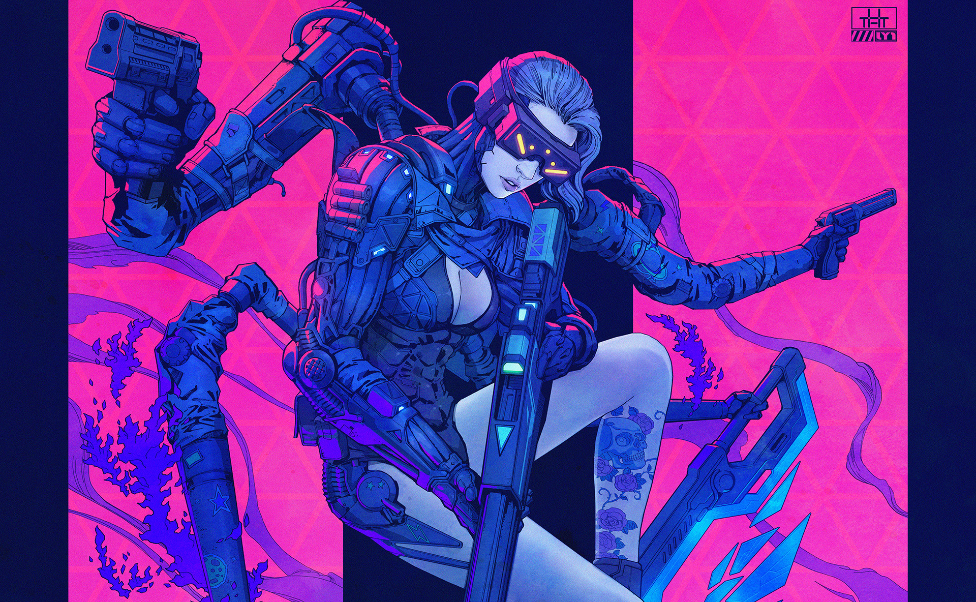 Cyberpunk Gun Sniper Rifle Pink Women Tattoo Exoskeleton Blue 1920x1184