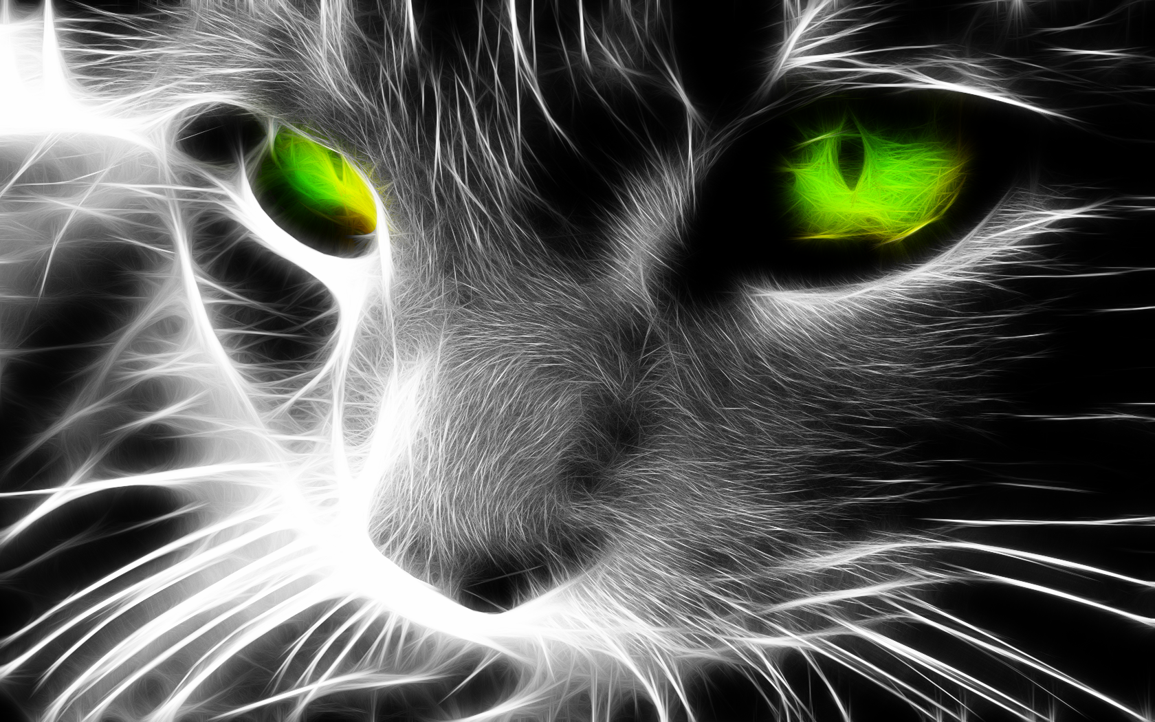 Cats Fractalius Selective Coloring Green Eyes 1680x1050