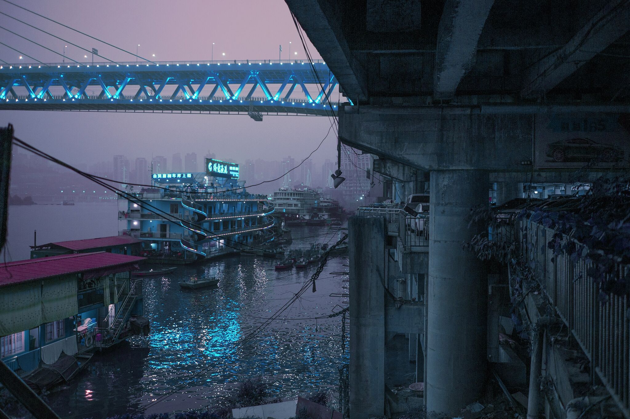 Cityscape Neon Boat Bridge ChongQing China 2048x1363
