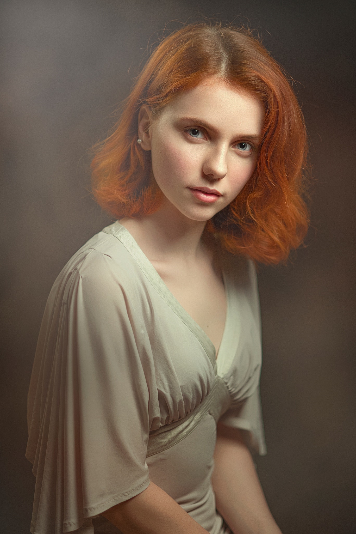 Redhead Pavel Cherepko Women Portrait Simple Background Looking At Viewer Blue Eyes 1367x2048