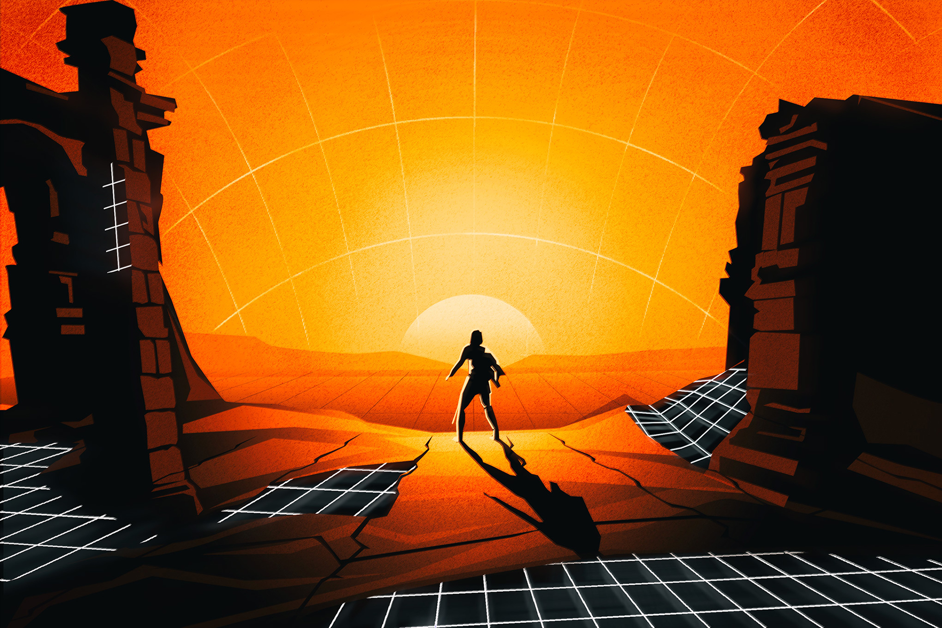 Digital Digital Art 3D Sunset The Verge Sun Artwork Grid Ruins Video Game Art Video Game Characters  1920x1280