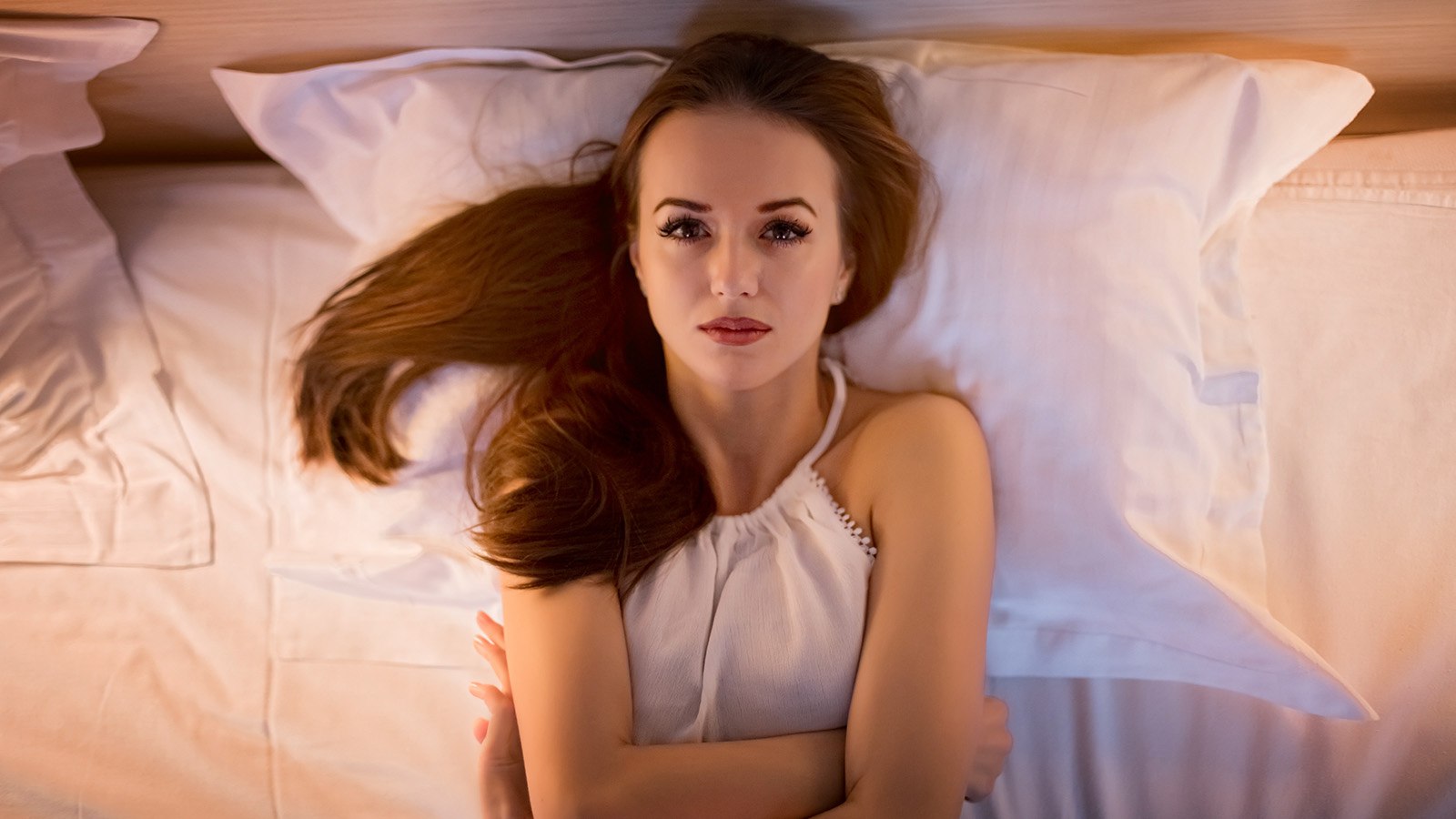 Women Portrait Dmitry Korneev Model Face Pillow In Bed Red Lipstick Arms Crossed Bare Shoulders Stra 1600x900