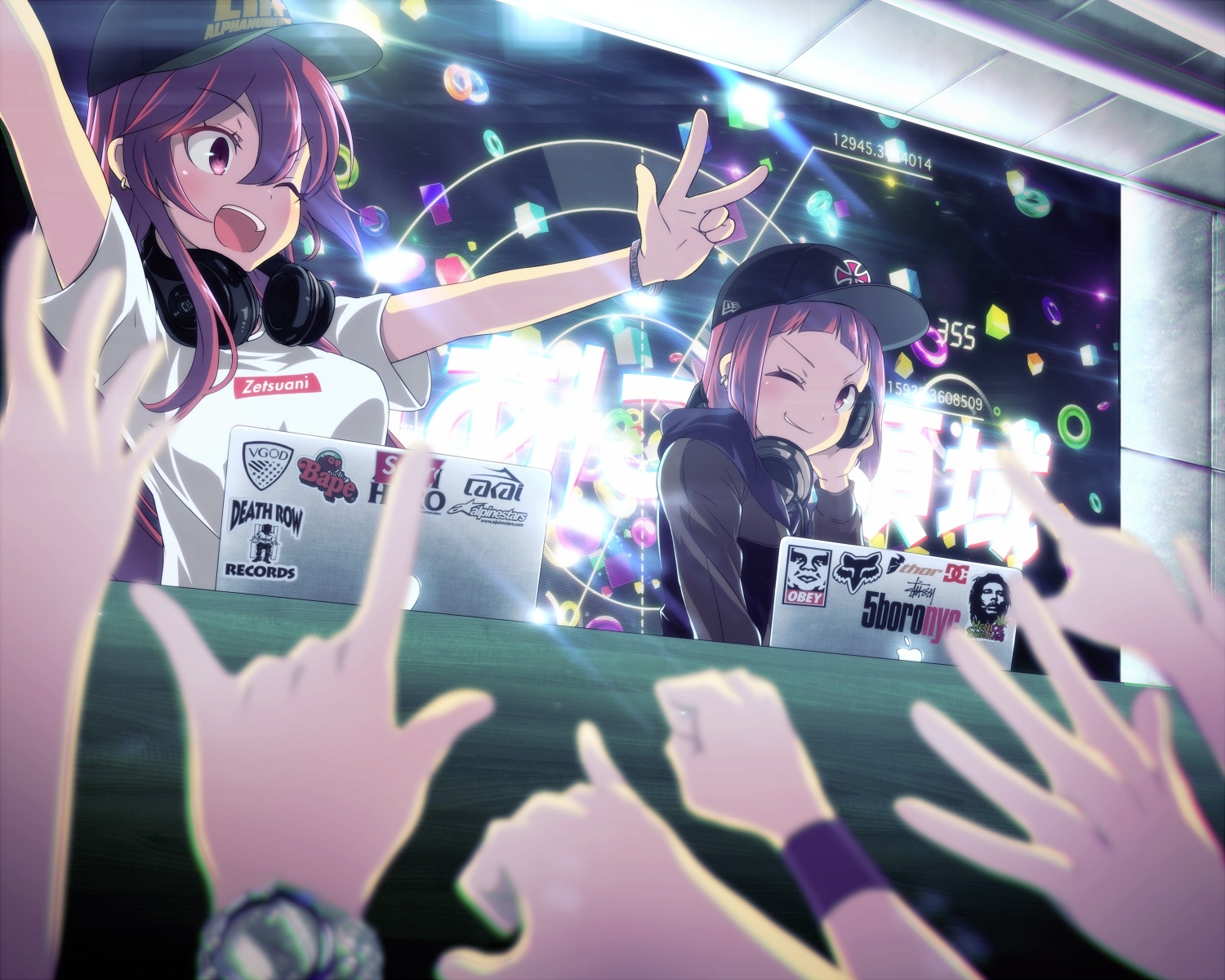 Anime Girls Anime Disc Jockey Concerts Peace Sign Laptop Headphones 1500x1200